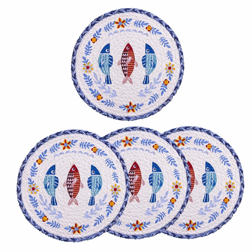 LiPengTaoHome Round Woven Placemats Set of 4 - Natural Jute Table Mats with Blue Fish Design, Heat Resistant & Durable, 26 x 26cm - Perfect for Dining Table Decor, Kitchen, and Party Settings