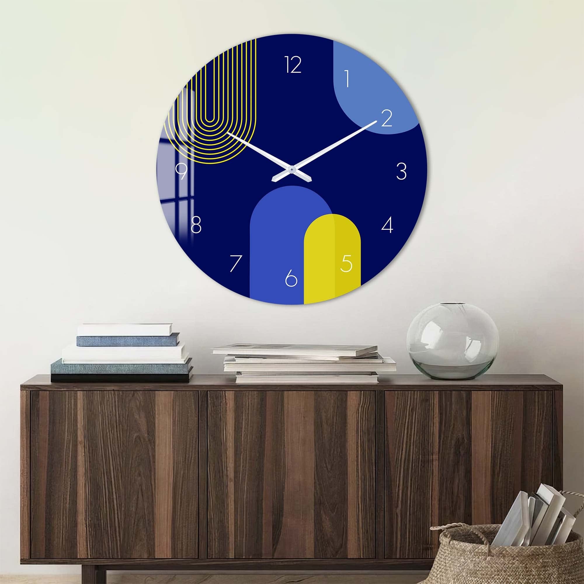 Stylish Puffy Blue & Yellow Glass Wall Clock - Modern Home & Office Decor for Living Room, Bedroom, Kitchen