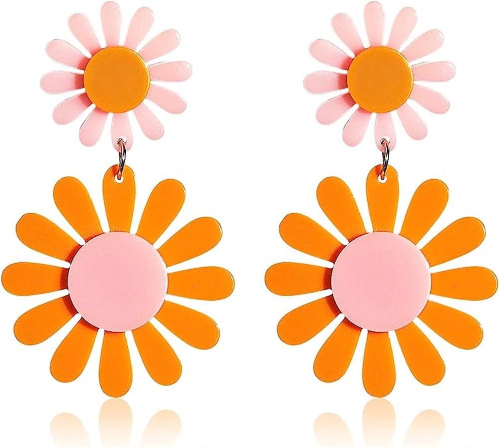 Vintage Daisy Flower Earrings for Women - 60s 70s Retro Acrylic Hippie Boho Jewelry - Layered Petal Dangle Drop Earrings - Perfect for Disco Party, Birthday Gift & Boho Fashion Accessories