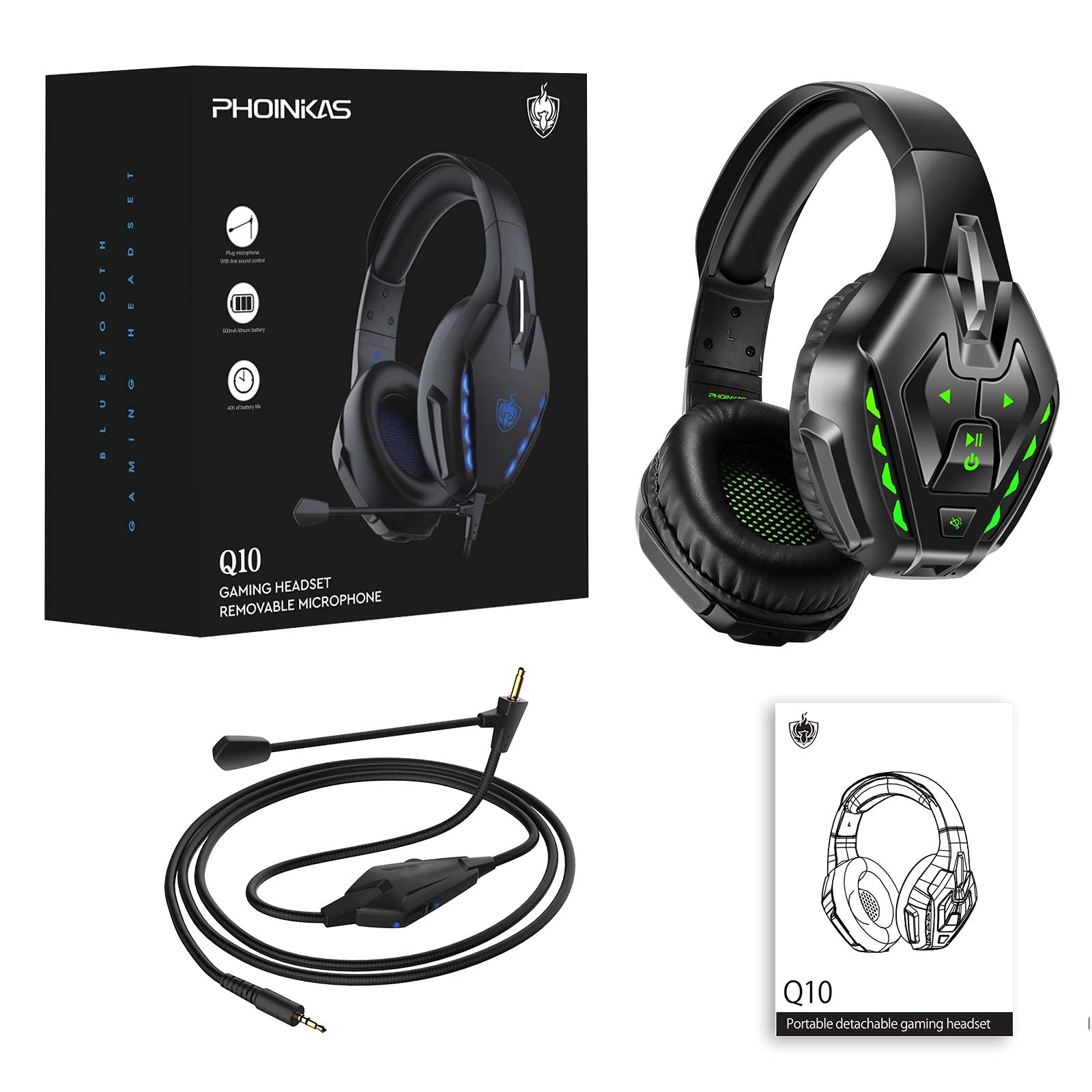 PHOINIKAS PS5 Gaming Headset - Wireless Bluetooth 5.3 Headphones with Stereo Sound & Detachable Mic for PS4/PS5, PC, Nintendo Switch, Xbox One, Laptop, Phone & Tablet - 20H Battery Life (Green) | Perfect for Gaming, Streaming & Online Meetings