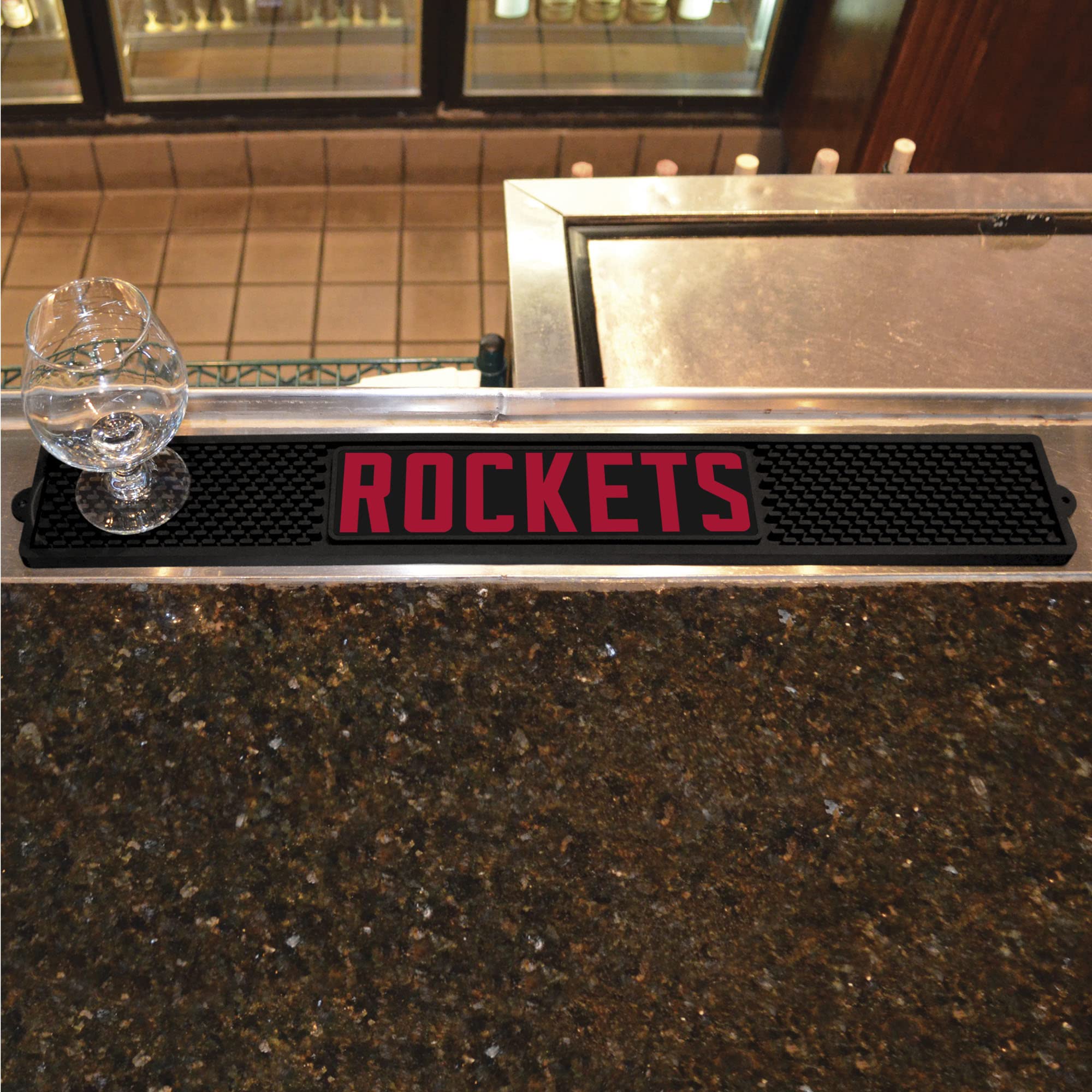 Houston Rockets NBA Bar Mat - 3.25x24 Inch Durable Drink Coaster & Dish Drying Mat - Easy Clean Non-Slip Counter Protector for Kitchen, Bar, Game Room & Sports Decor