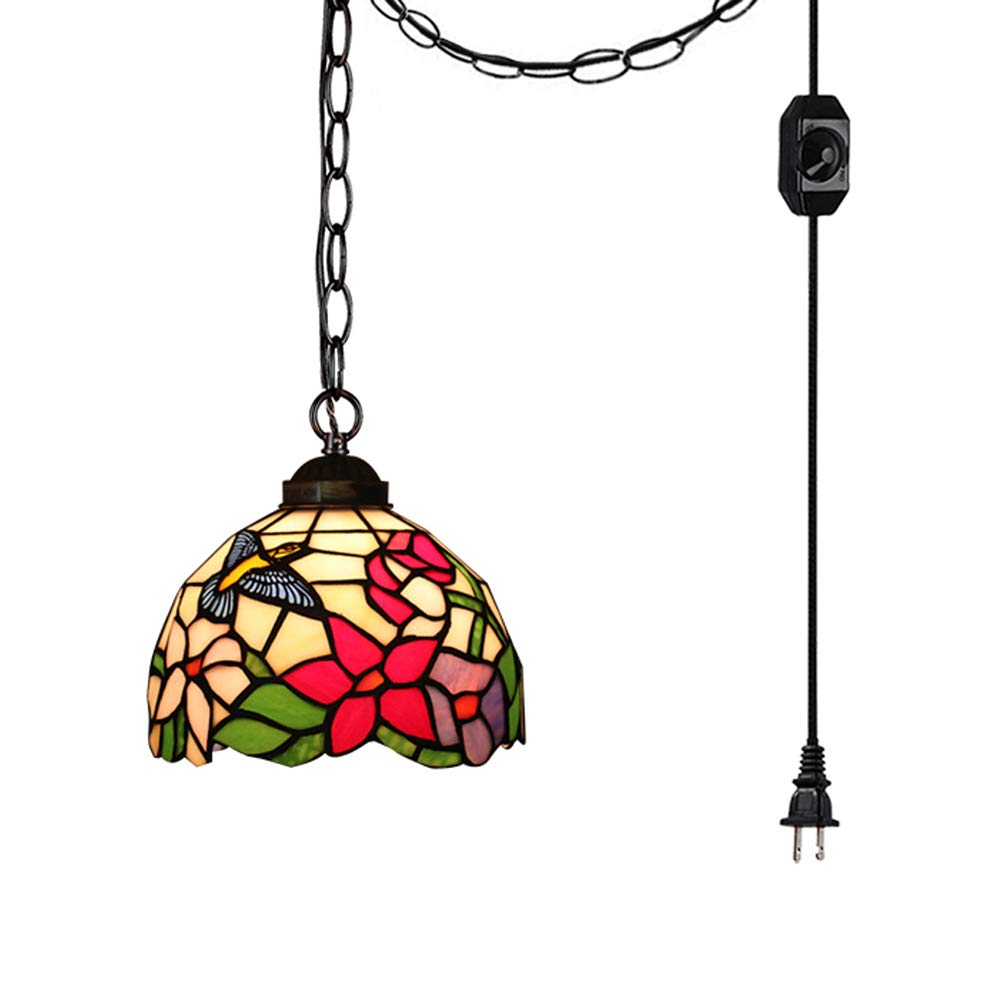 20ft UL Listed Plug-In Dimmer Switch Cord with Iron Chain - Tiffany Style Handmade Mediterranean Glass Shade Antique Chandelier Pendant Light (Bulb Not Included) - Perfect for Dining Room, Bedroom, or Vintage Home Decor