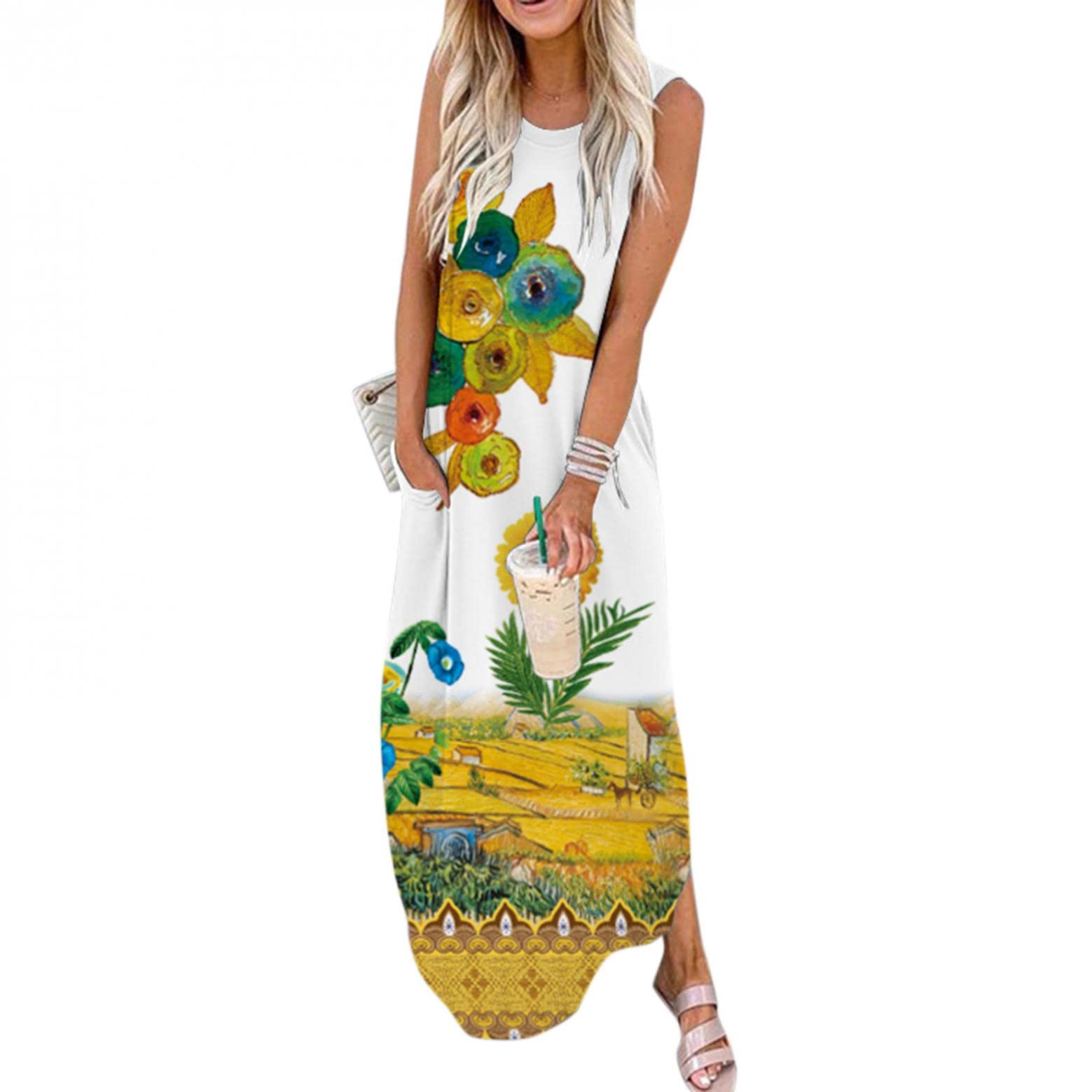 FABIURT Women's Summer Casual Loose Flowy Boho Maxi Dress - Sexy Beach Dress for Vacation, Party & Outdoor Activities