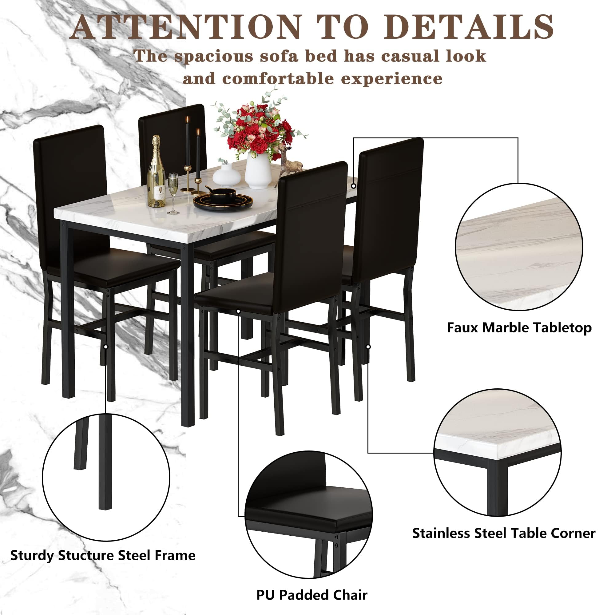 Hooseng Modern 5-Piece Dining Set - White Faux Marble Table with 4 PU Leather Chairs for Small Spaces | Perfect for Apartments, Home Bars & Compact Dining Areas