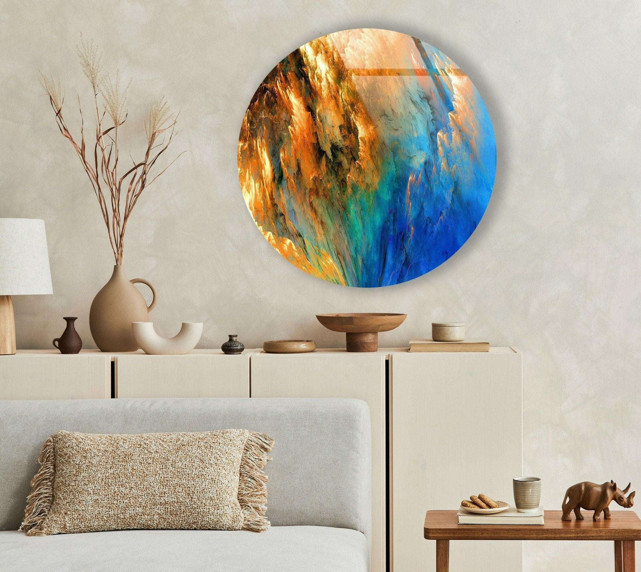 Blue & Orange Abstract Round Glass Wall Art Decor - Modern Handmade Glass Mosaic for Living Room, Bedroom, Office & Dining Area