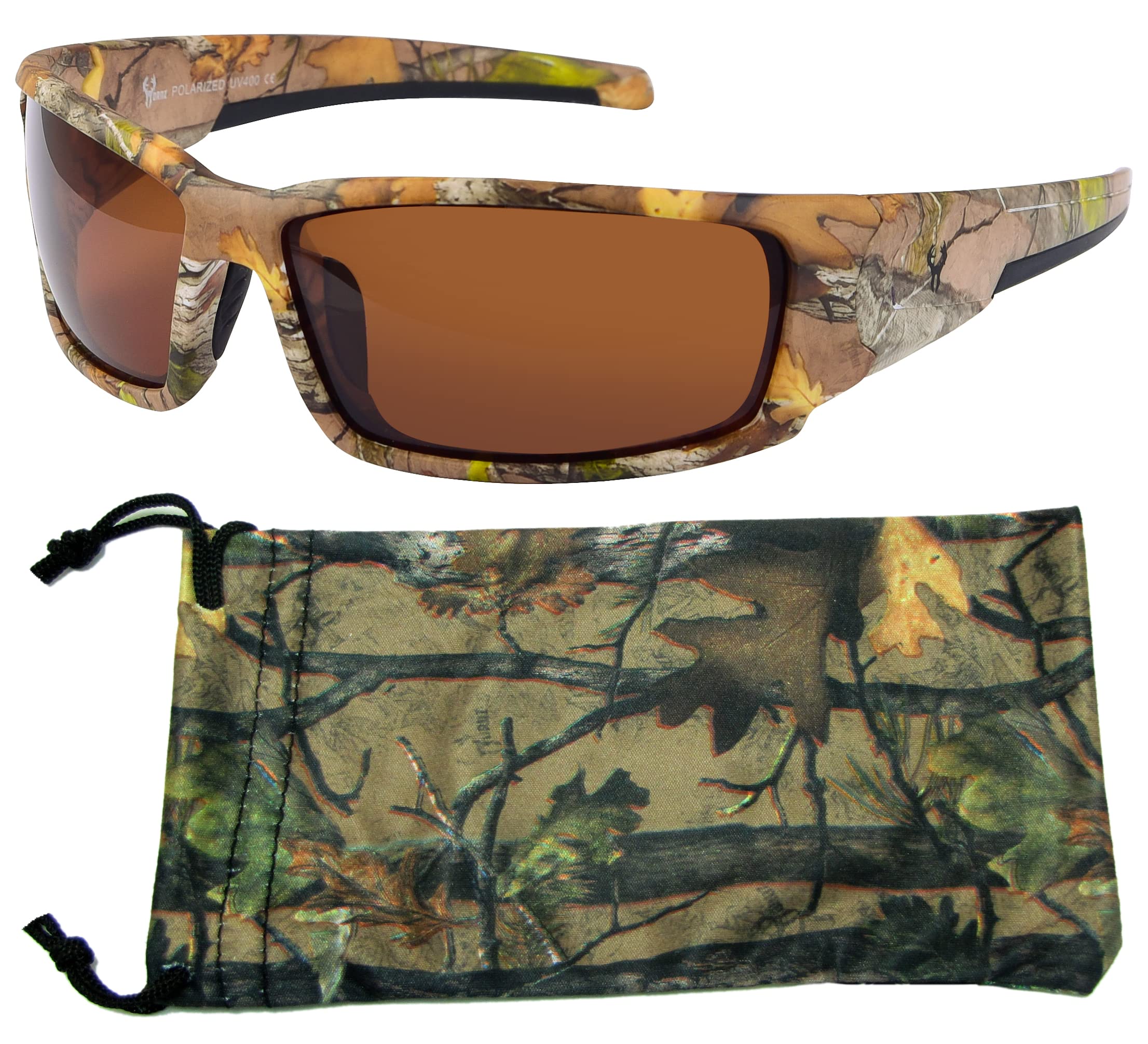Men's Polarized Sunglasses - Hornz Brown Forest Camouflage Aquabull Style with Free Microfiber Pouch | UV Protection for Hunting, Fishing & Outdoor Adventures
