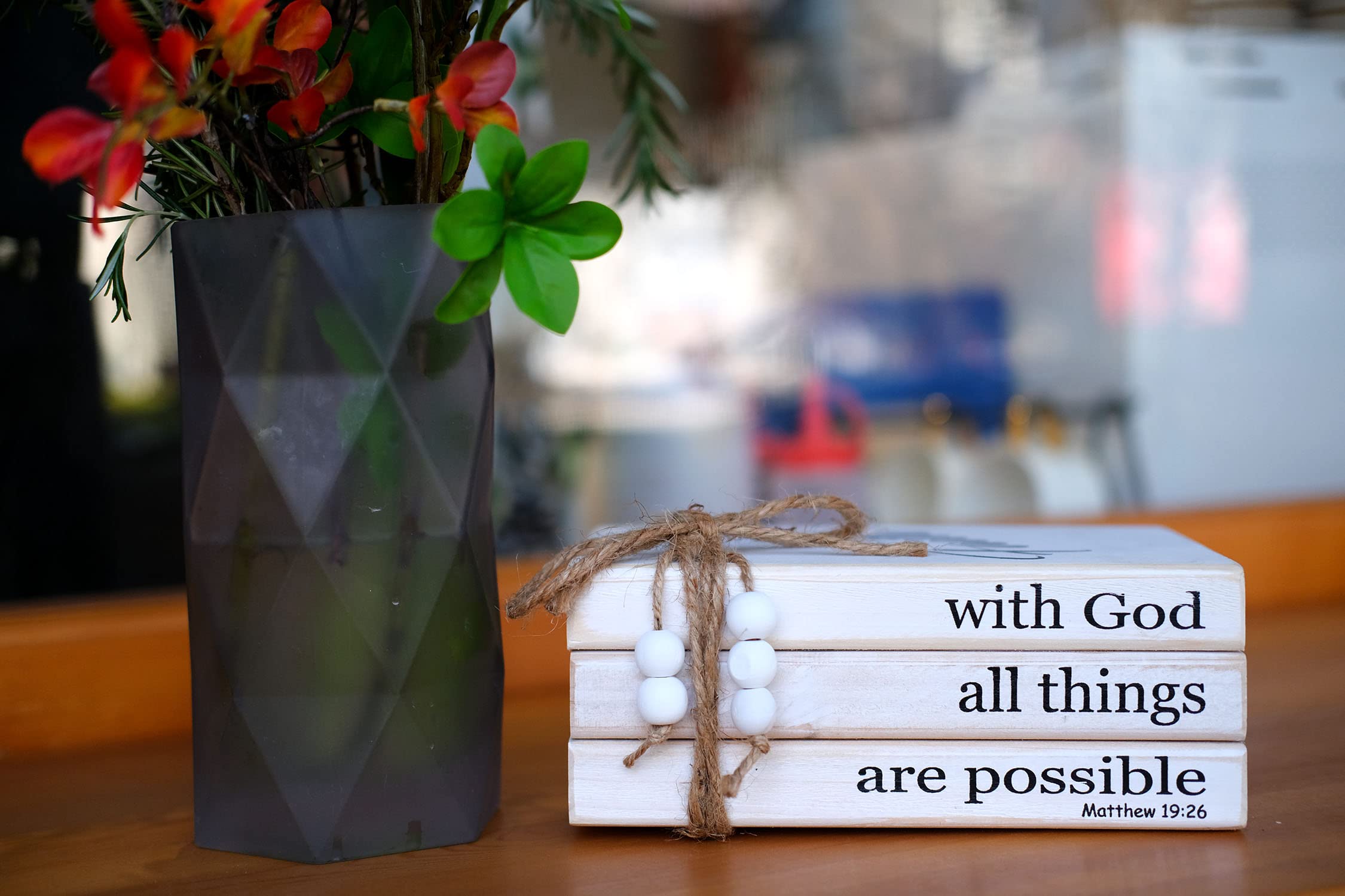 LIVDUCOT Farmhouse Wooden Decor Book Stack - Rustic Faux Book Stacks for Modern Home Decor | Coffee Table & Bookshelf Decoration | With 'With God All Things Are Possible' Sign - Perfect for Living Room, Office & Gift Giving