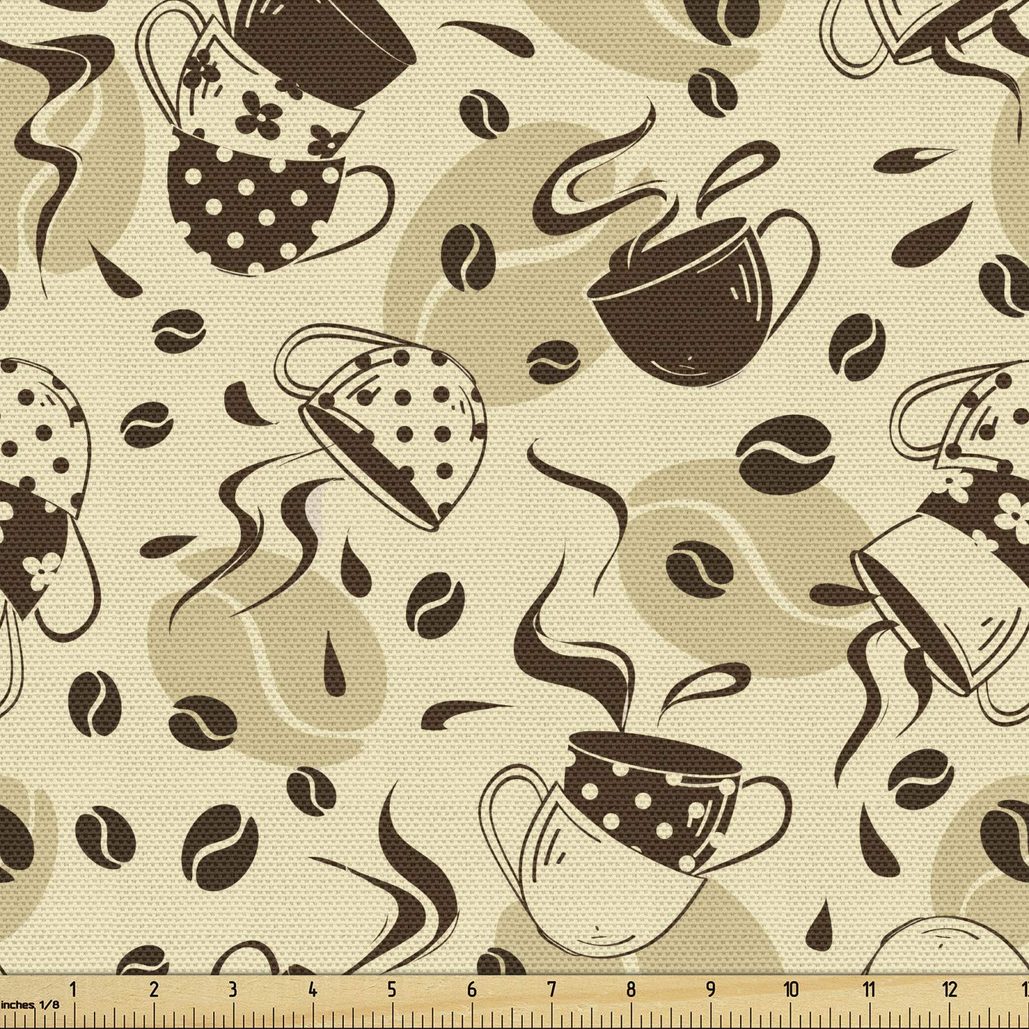 Ambesonne Modern Fabric by The Yard - Contemporary Coffee Cups Polka Dots & Roasted Beans Design - Decorative Upholstery Fabric for Sofa, Curtains & Home Decor - 10 Yards Brown Cream - Perfect for DIY Projects & Interior Design