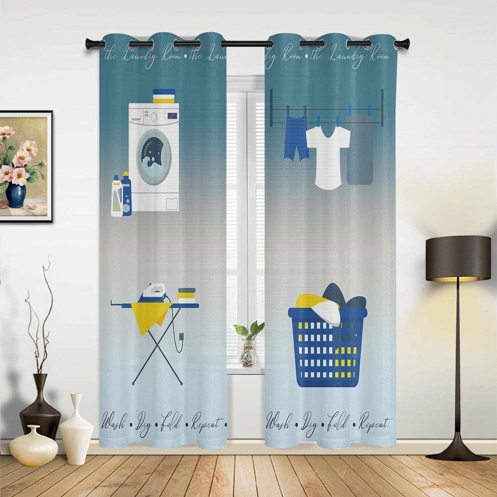 3D Printed Blue Laundry Iron Washing Machine Pattern Blackout Curtains - Thermal Insulated Eyelet Window Treatments for Kids Bedroom (63