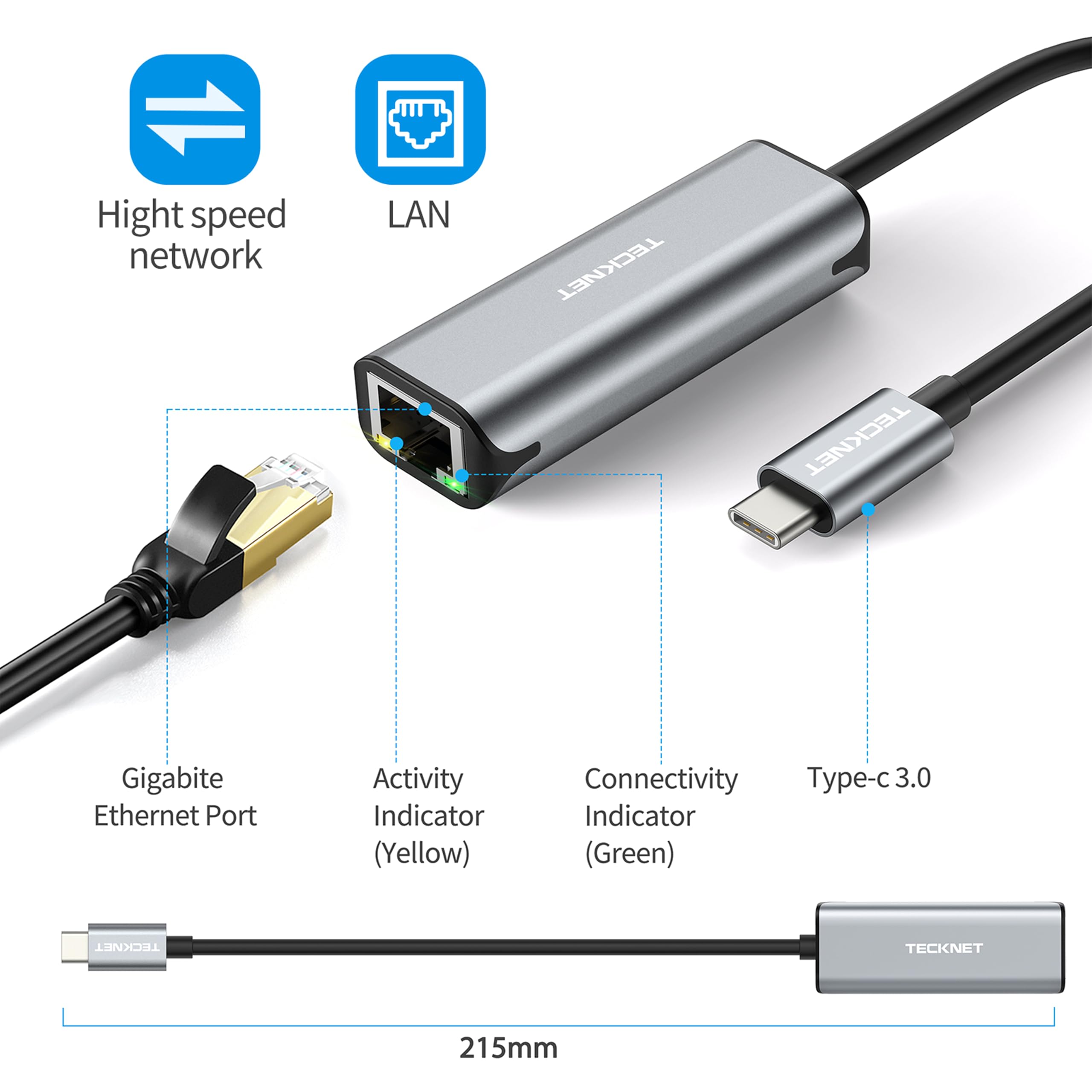 TECKNET USB C to Ethernet Adapter - Thunderbolt 3 RJ45 Gigabit LAN Network Dongle (1000Mbps) for MacBook Pro/Air, Dell XPS, iPad Pro - Perfect for Home Office, Online Gaming & Video Conferencing