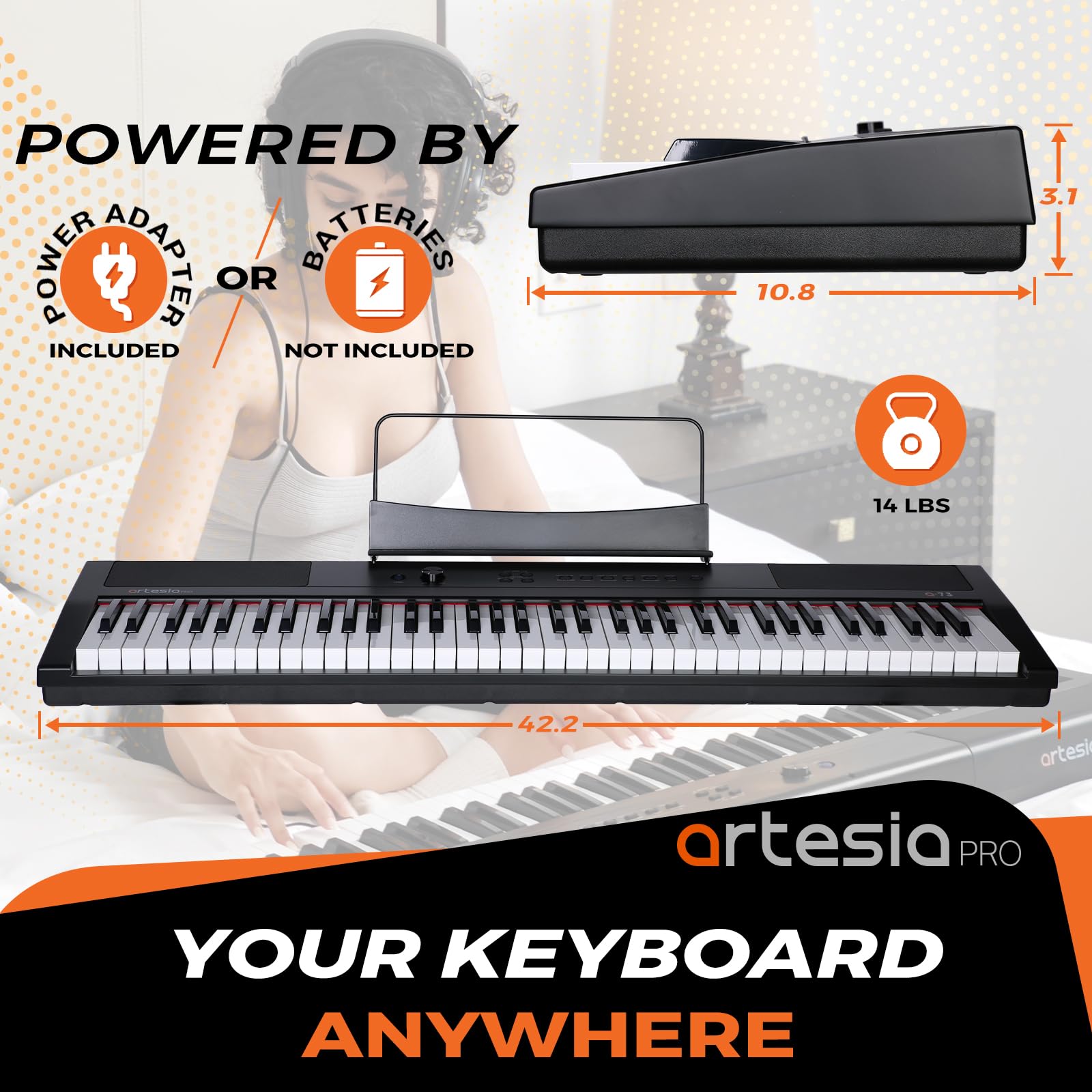 Artesia 73-Key Portable Digital Piano with Weighted & Velocity-Sensitive Keys - Includes Sustain Pedal & Melodics Live Lessons - Perfect for Home Practice, Studio Recording & Live Performances