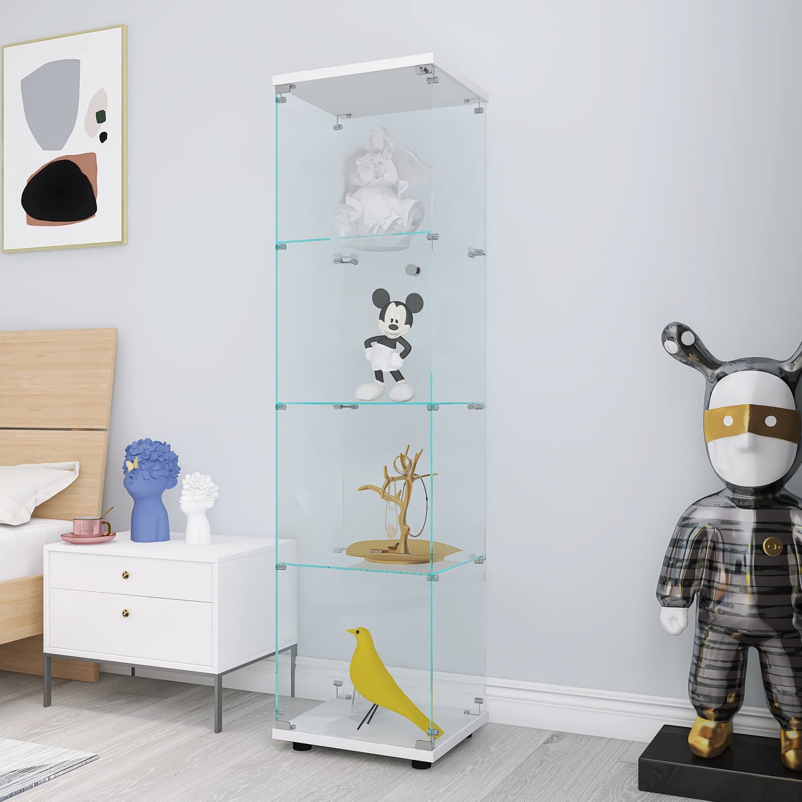 4 Tier Glass Door Display Cabinet - Curio Cabinet with Tempered Glass Shelves, Floor Standing Bookshelf & Storage Organizer for Living Room, Bedroom, Office - Easy to Assemble - Perfect for Showcasing Collectibles, Books & Home Decor