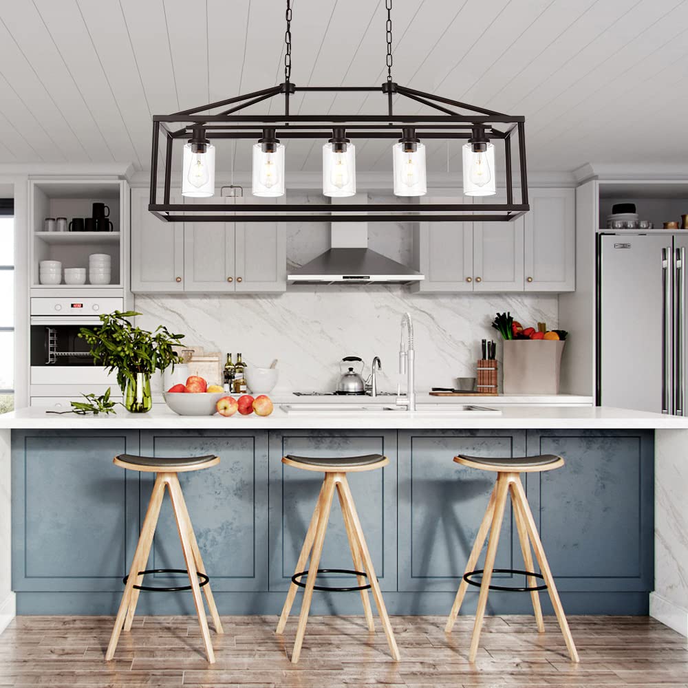 BONLICHT 5-Light Industrial Rustic Farmhouse Chandelier - Modern Rectangle Dining Room Pendant Light Fixture in Oil Rubbed Bronze with Clear Glass Shade - Perfect for Kitchen Island, Hallway, Bar & Farmhouse Decor