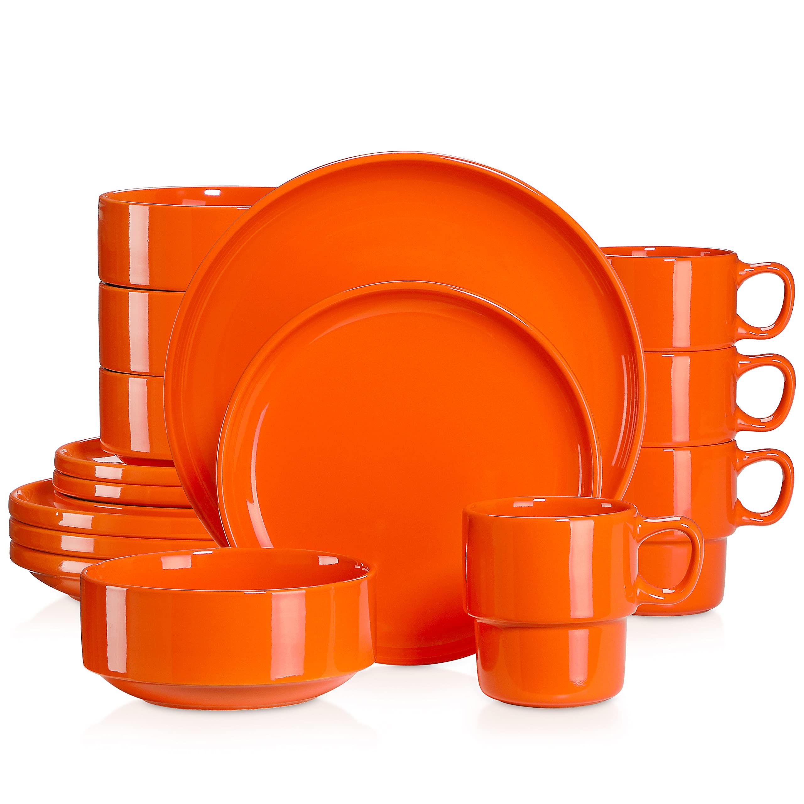 LOVECASA 16-Piece Orange Porcelain Dinnerware Set for 4 - Round Plates, Bowls, Mugs & Dessert Plates | Dishwasher & Microwave Safe | Perfect for Family Dinners, Parties & Everyday Use