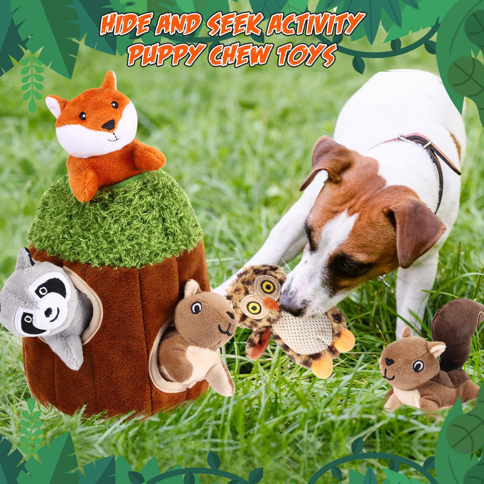 7-Piece Dog Hide and Seek Chew Toys with Squeakers - Plush Woodland Friends Puppy Toys for Small & Medium Dogs - Perfect for Interactive Play, Training, and Teething Relief