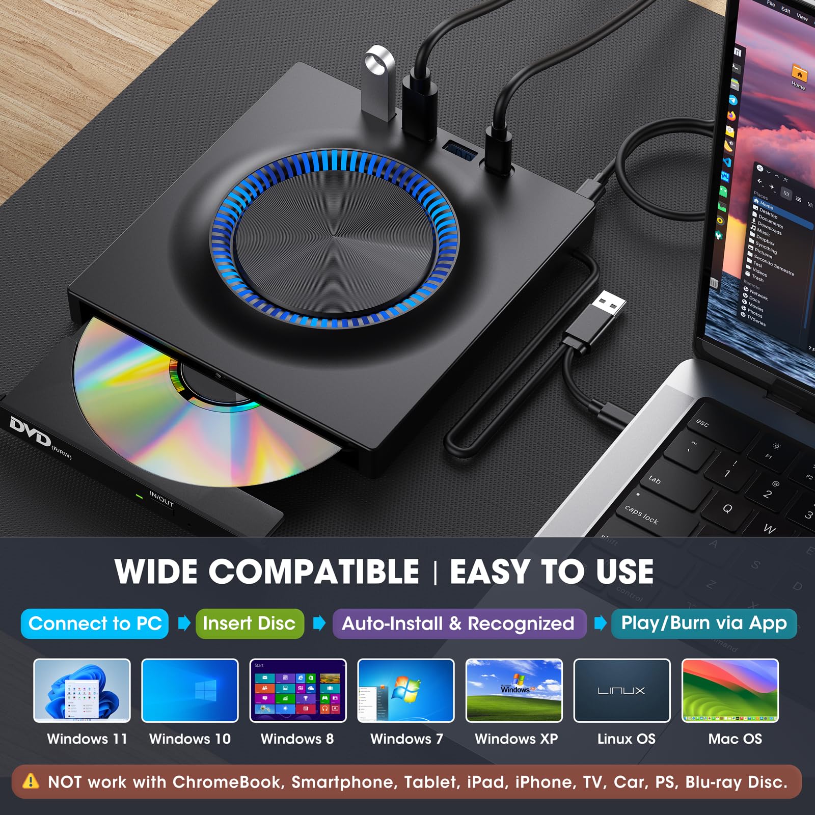 ROOFULL External DVD Drive with USB 3.0 & USB-C Hub - Portable CD/DVD Burner Player with SD Card Reader - Compatible with Mac, Windows 11/10/8/7, Linux PCs - Perfect for Laptop Data Backup, Movie Playback & File Transfer