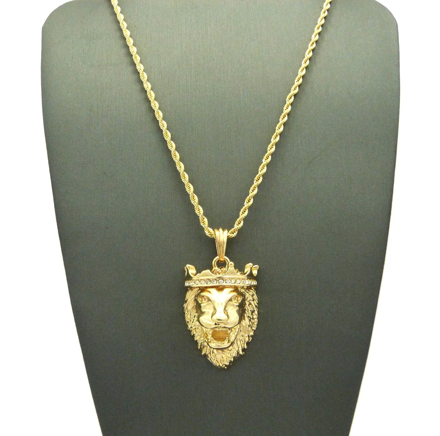 Iced Out Micro King Crown Roaring Lion Pendant Necklace - 2mm 24