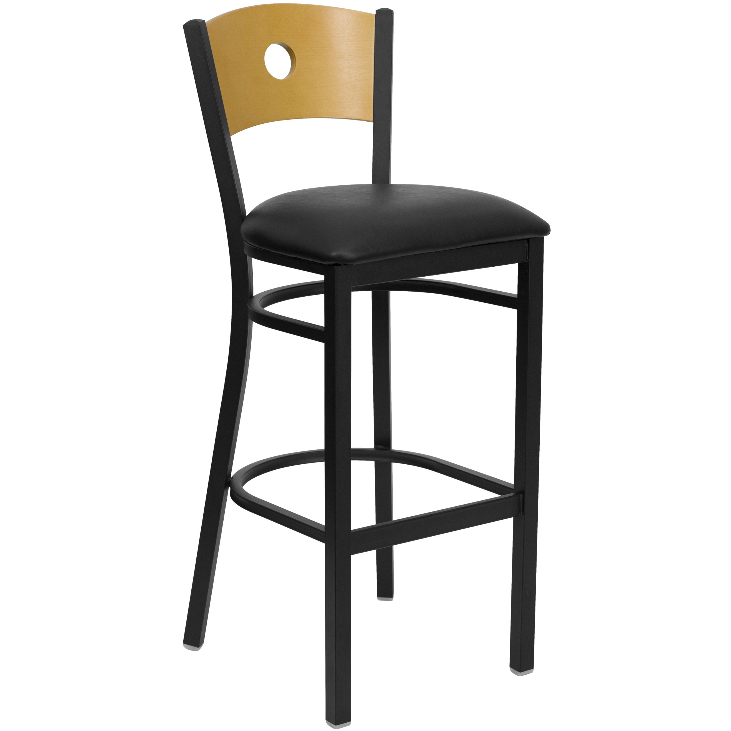 EMMA & OLIVER Black Metal Circle Back Barstool with Wood Back & Black Vinyl Seat - Modern Kitchen Island, Bar Counter, or Dining Room Stool for Home & Restaurant Use