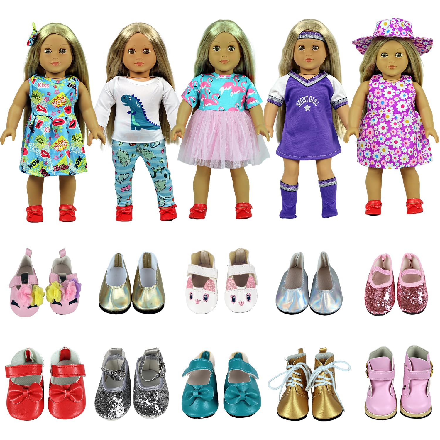 18 Inch Doll Clothes Set - 5 Everyday Outfits & 2 Random Shoes | American Girl Doll Fashion Gift | Perfect for Playtime, Dress-Up & Collectibles