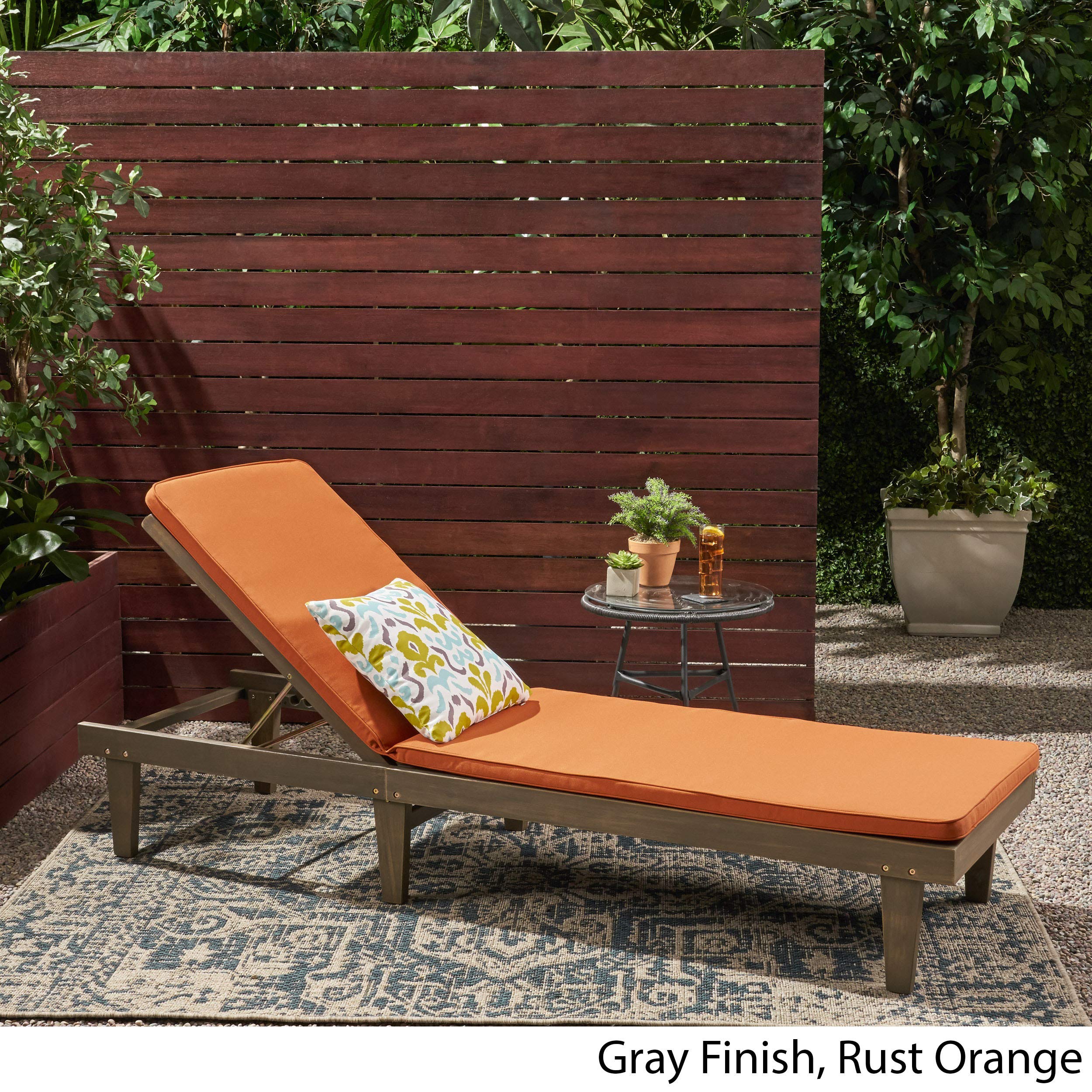 Premium Acacia Wood Outdoor Chaise Lounge with Cushion Set - Gray & Rust Orange - Weather-Resistant Patio Furniture for Poolside, Garden, or Backyard Relaxation