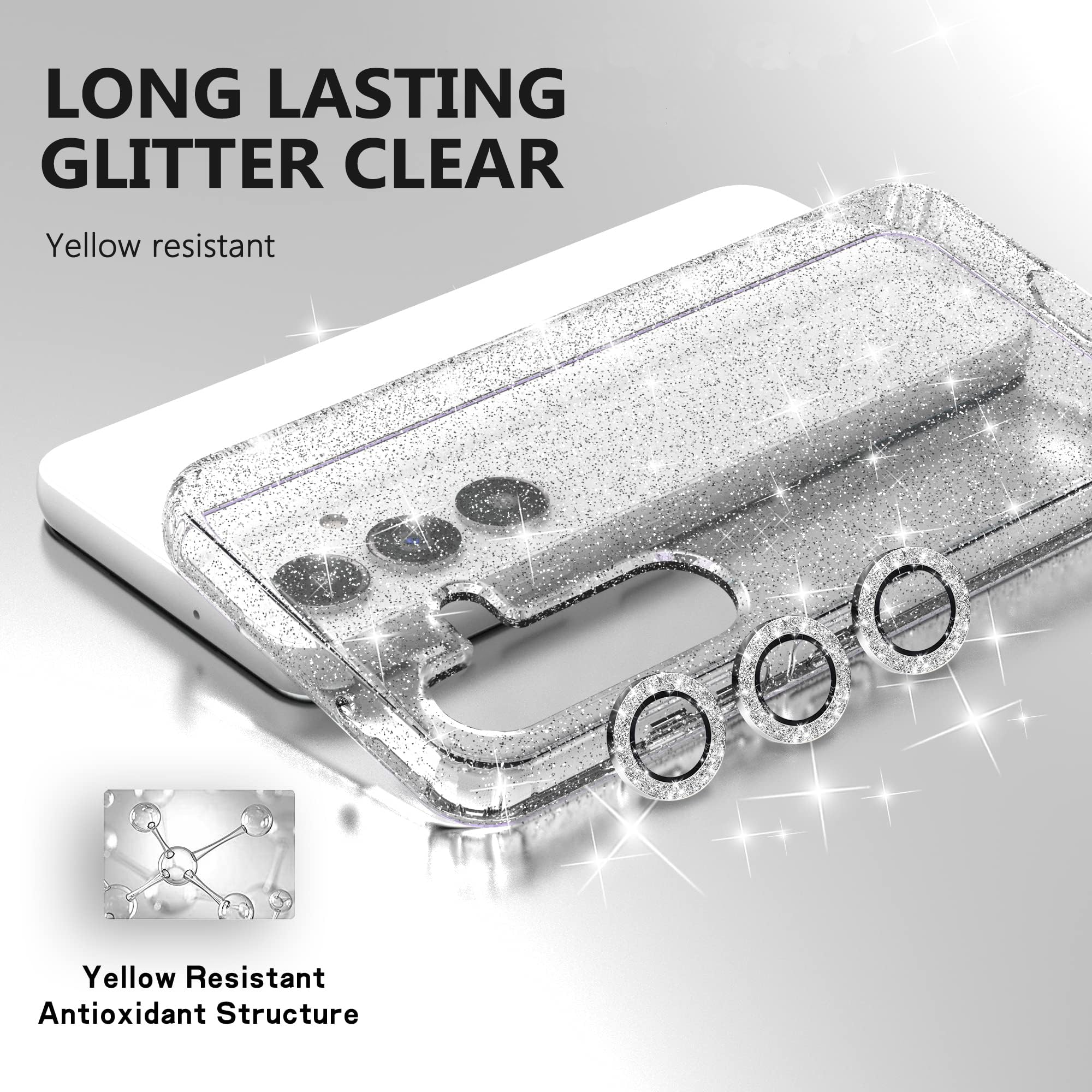 Glitter Clear Shockproof Phone Case for Samsung Galaxy S24 Plus 5G with Diamond Camera Lens Protector + 2 Pack Tempered Glass Screen Protector | Sparkly Protective Cover for Women | Perfect for Daily Use, Parties & Gift Giving