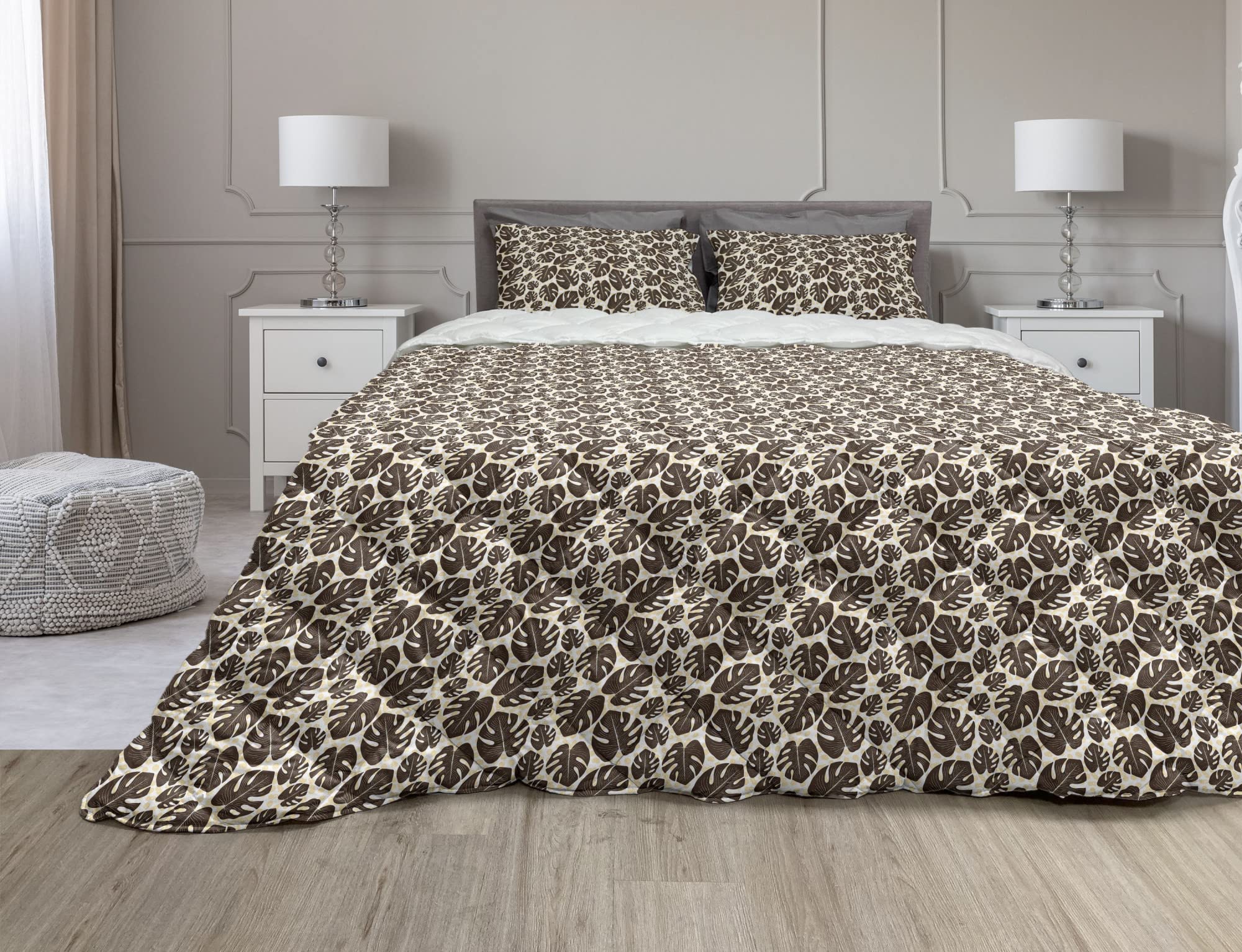 Ambesonne Tropical Comforter Set with Exotic Monstera Leaves & Leopard Print - 2 Piece Microfiber Duvet Cover & Sham - Twin XL Size in Brown Peach White - Perfect for Jungle Themed Bedrooms & Safari Decor
