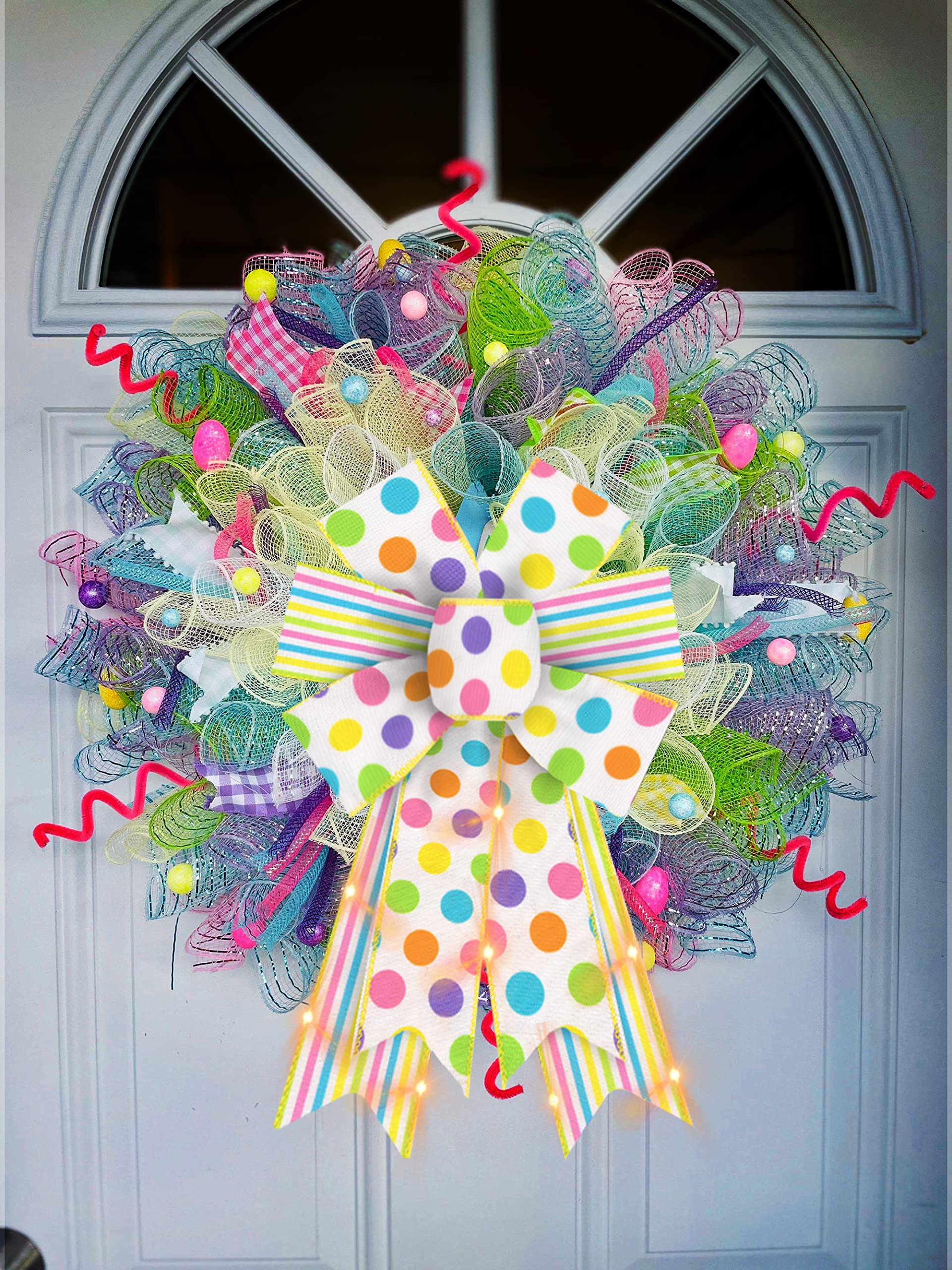 2 Pack LED Easter Bows for Wreaths - White & Yellow Burlap Ribbon Bows with Battery Operated Lights - Spring Holiday Decor for Front Doors, Easter Parties & Gift Wrapping (Includes Dotted Design)