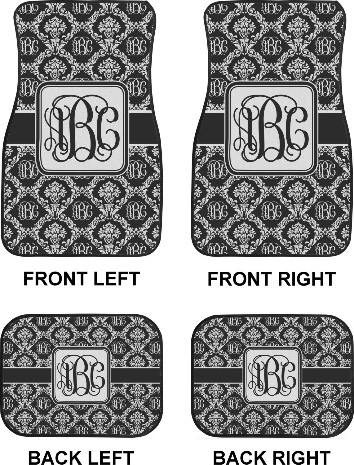 Custom Monogrammed Damask Car Floor Mats Set - 2 Front & 2 Rear Mats for SUVs, Sedans & Trucks | Luxury Car Interior Accessories for Protection & Style