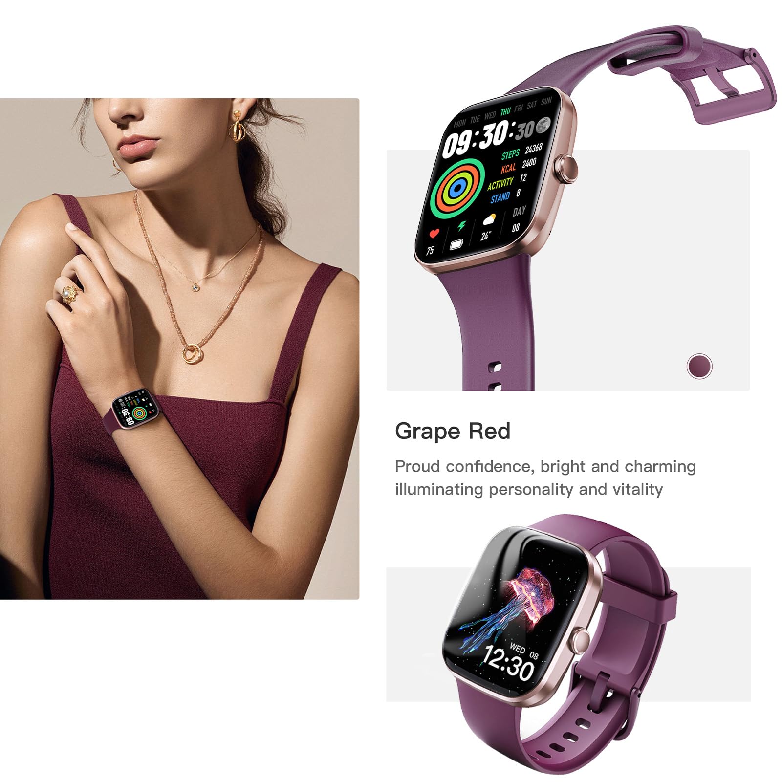 LAKEYLOYI Women's Smart Watch with Bluetooth Calling, Fitness Tracker, Waterproof, Compatible with Android & iOS - Grape Red Silicone Band for Outdoor Sports, Workouts & Daily Fashion Wear