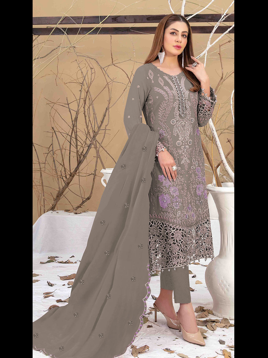Elegant Beige Designer Semi-Stitched Pant Suit with Multi-Thread Embroidery Handwork - Perfect for Weddings, Parties & Formal Events