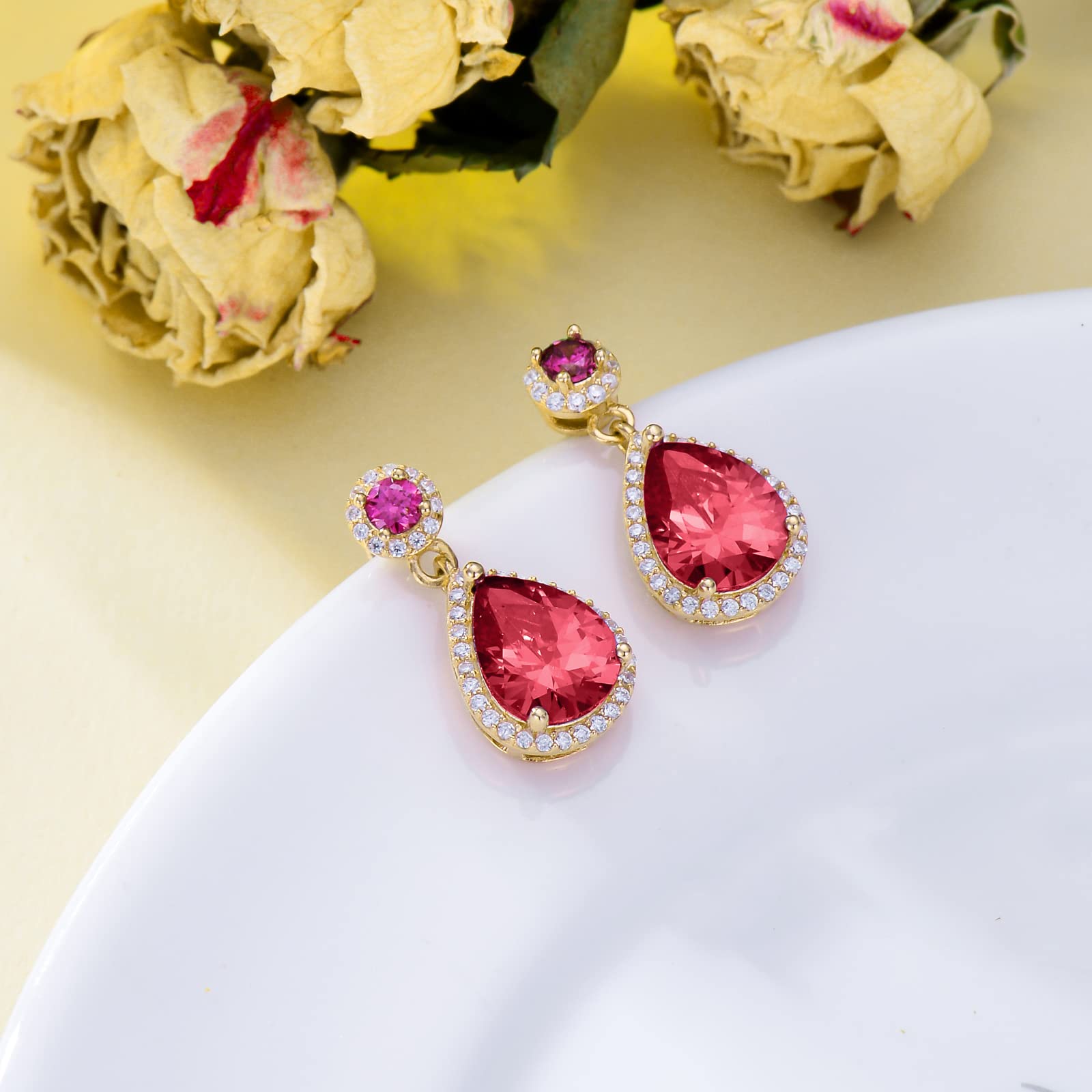 TOUPOP 14k Gold Plated Sterling Silver Birthstone Teardrop Stud Earrings for Women - Elegant Dangle Earrings Jewelry for Mom, Girls, Her | Perfect Birthday Gift, Anniversary Present & Everyday Wear Accessories