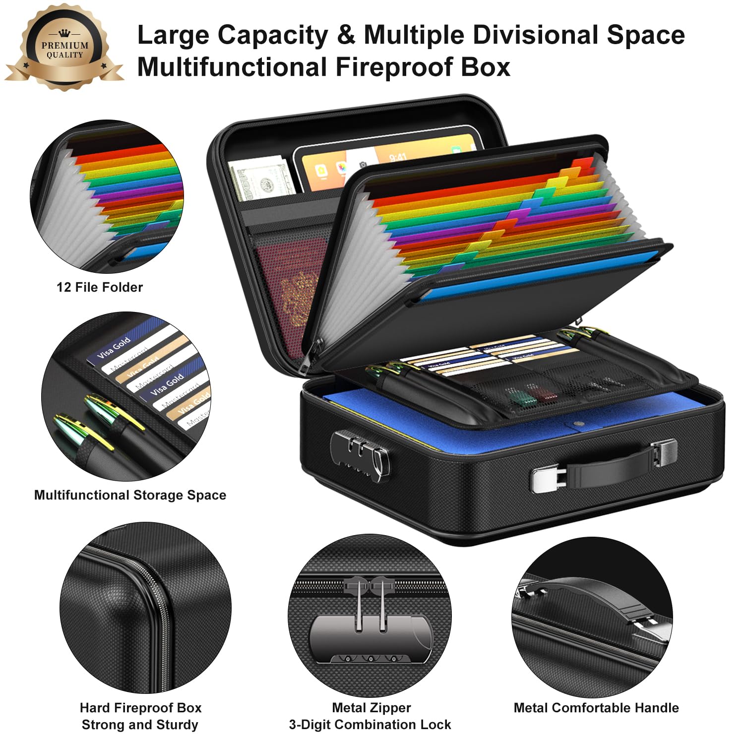 Fireproof Document Box with Lock - Waterproof Hard Shell Safe for Important Documents, Certificates, Laptops & Passports - Secure Storage for Home & Office Use