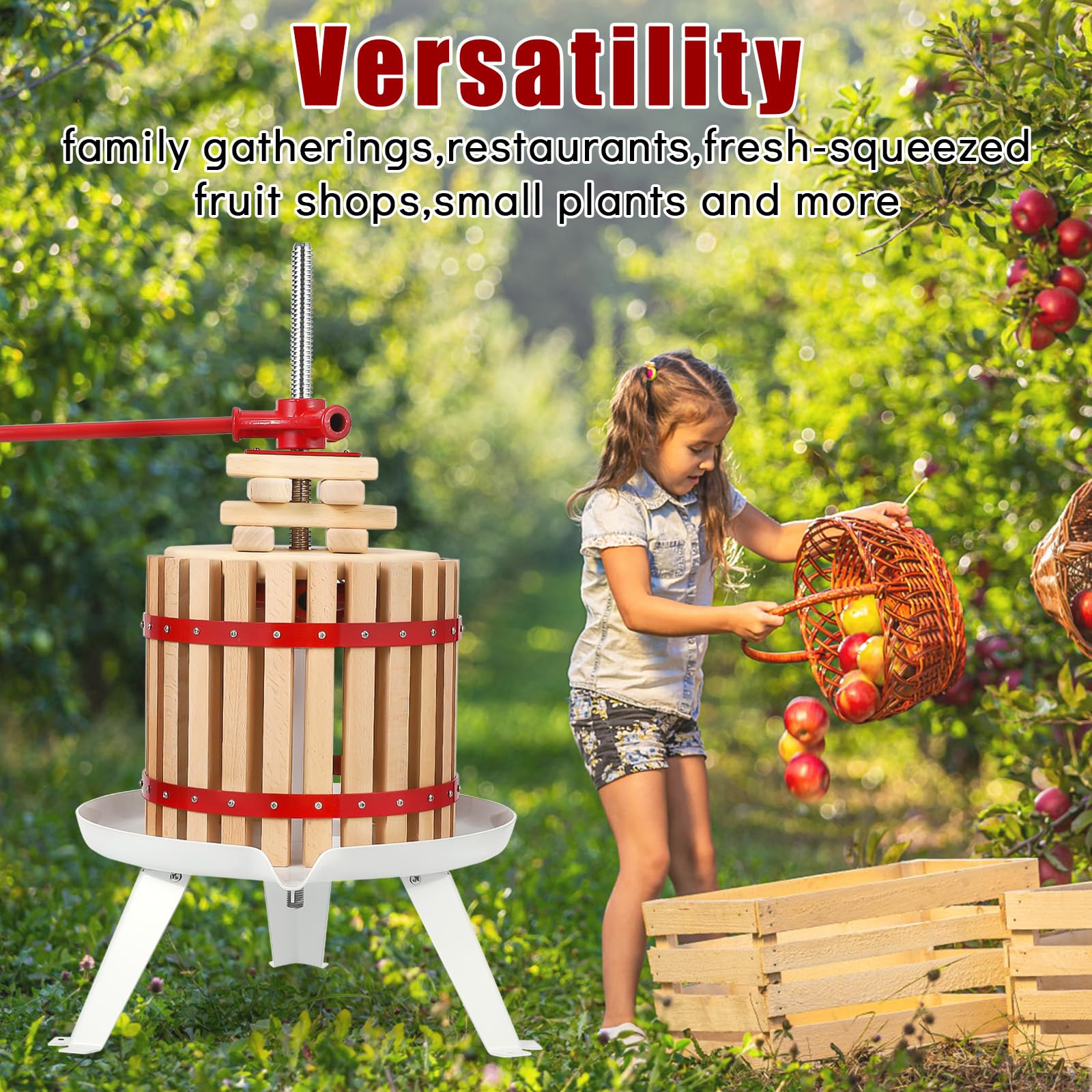3.2 Gallon Manual Fruit Wine Press - Wood & Steel Construction with T-Handle, Stable Triangular Base - Perfect for Making Apple, Grape, and Berry Wines at Home, in Kitchen, or Outdoor Use - DIY Assembly Required