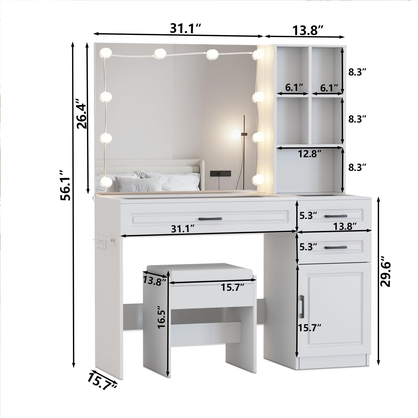 Fameill White Vanity Desk with Lighted Mirror, Power Strip & Hair Dryer Stand - Large Makeup Table with Glass Top, 3 Drawers & Ample Storage - 3 Lighting Modes for Perfect Beauty Setup - Ideal for Bedroom, Dressing Room & Home Salon
