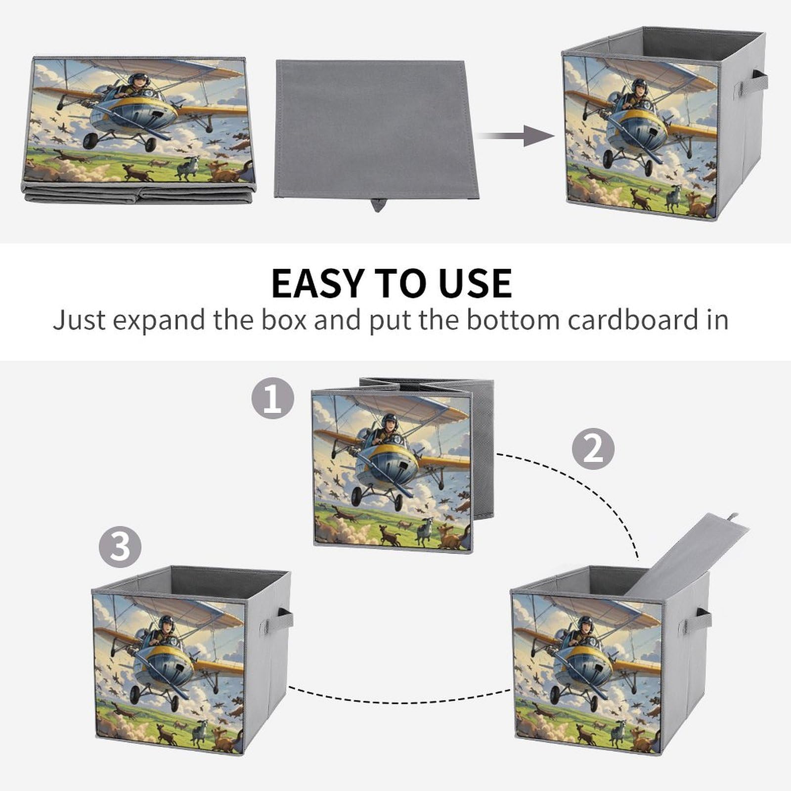 1PCS Foldable Storage Bins with Handles - Large Capacity Printed Storage Boxes (Planes Fly Animals Run Design) for Playroom, Office & Home Organization - Perfect for Kids' Toys, Books & Clutter Control