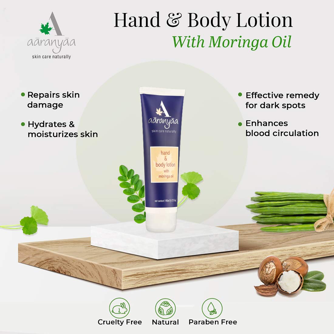 Aaranyaa Hand & Body Lotion 140ml - Deep Moisturizing Dry Skin Treatment with Plant-Based Moringa Oil, Ashwagandha & Brahmi Extracts - Paraben Free - Perfect for Daily Hydration & Nourishment at Home or Travel