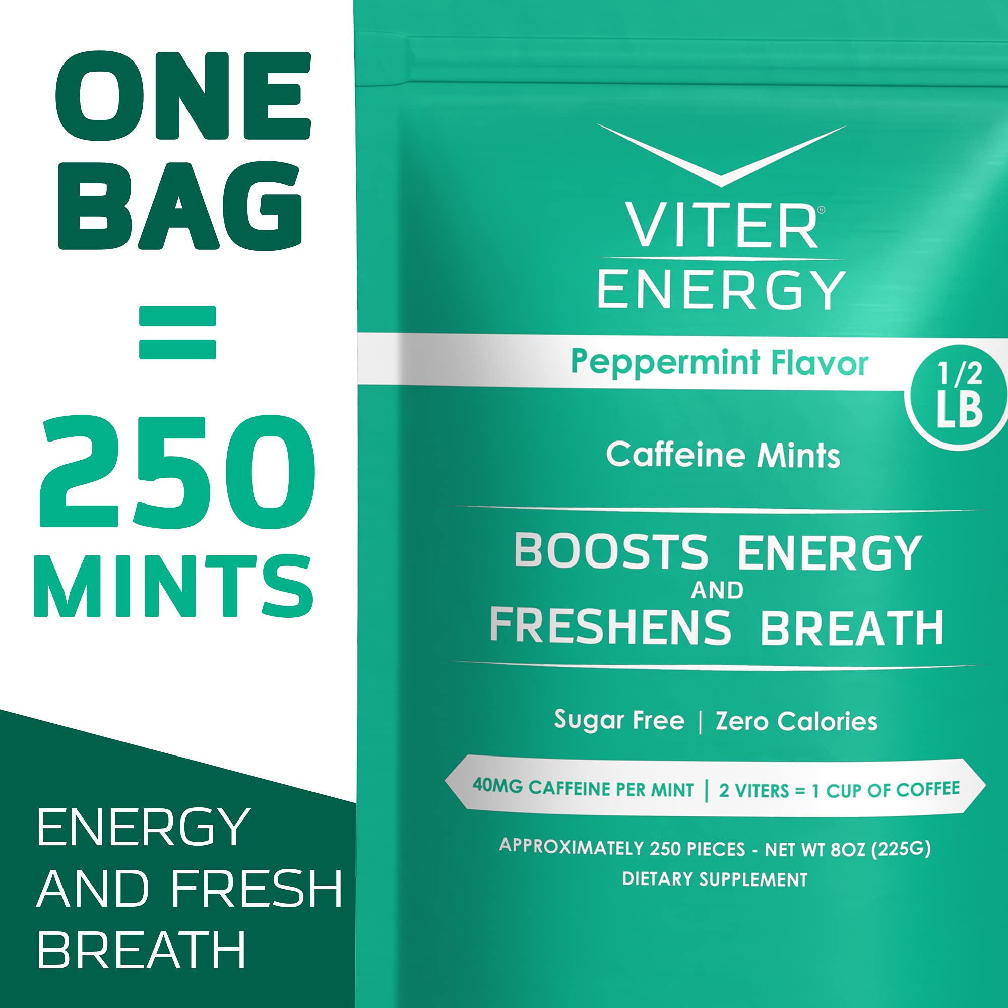 Viter Energy Caffeinated Mints - 40mg Caffeine Per Mint with B Vitamins, Sugar Free, Peppermint Flavor - 8oz Bulk Bag for Energy Boost at Work, Gym or Travel