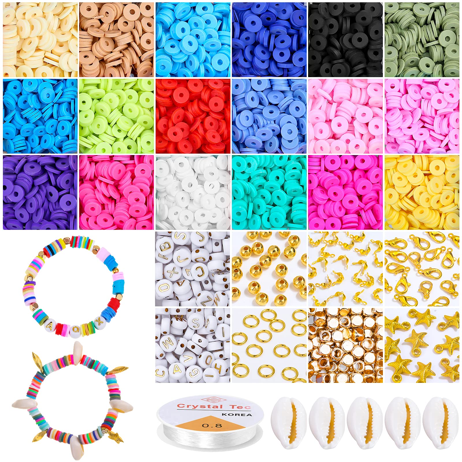 5000PCS Polymer Clay Spacer Beads - 6mm Flat Round Heishi Beads for Jewelry Making, DIY Bracelets, Necklaces & Earrings - 18 Vibrant Colors with Gold Letter Beads, Pendant Charms & Elastic Strings Kit - Perfect for Crafts, Gifts & Boho Style Accessories
