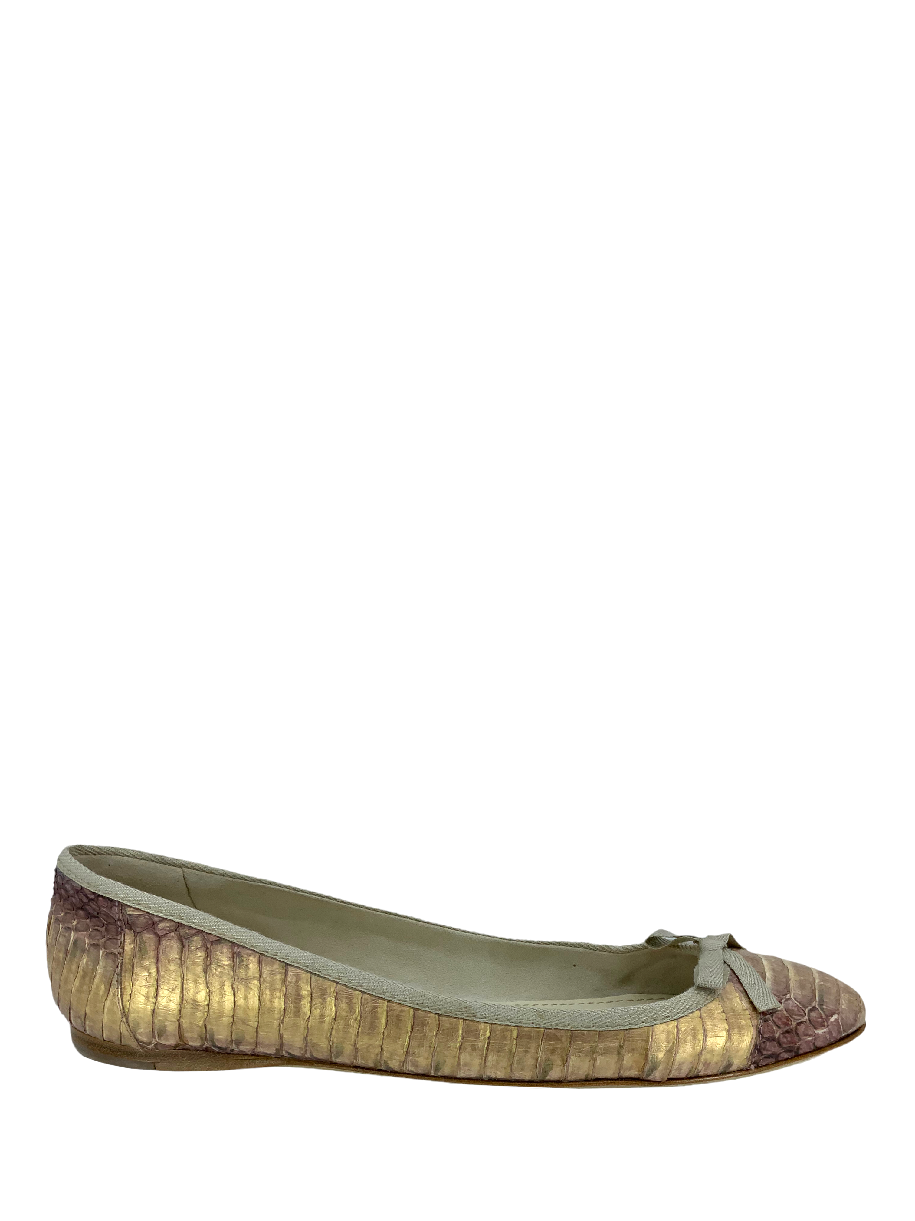 Miu Miu Women's Metallic Snakeskin Ballet Flats - Size 8 | Comfortable & Stylish Pointed Toe Shoes for Work, Party & Everyday Wear