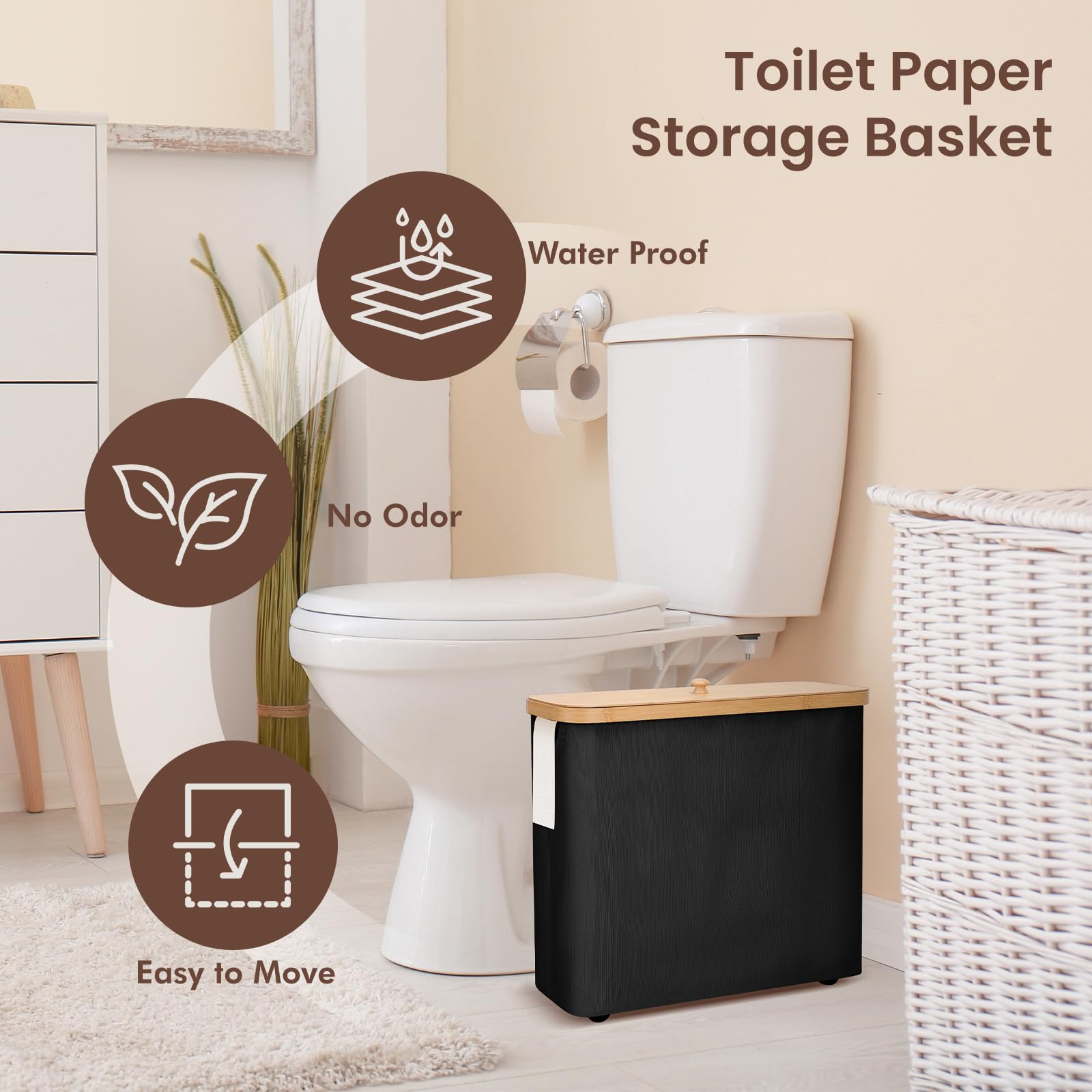 30L Waterproof Toilet Paper Storage Basket with Bamboo Lid & Handle - Bathroom Tissue Organizer for Home, RV, Camping & Emergency Preparedness