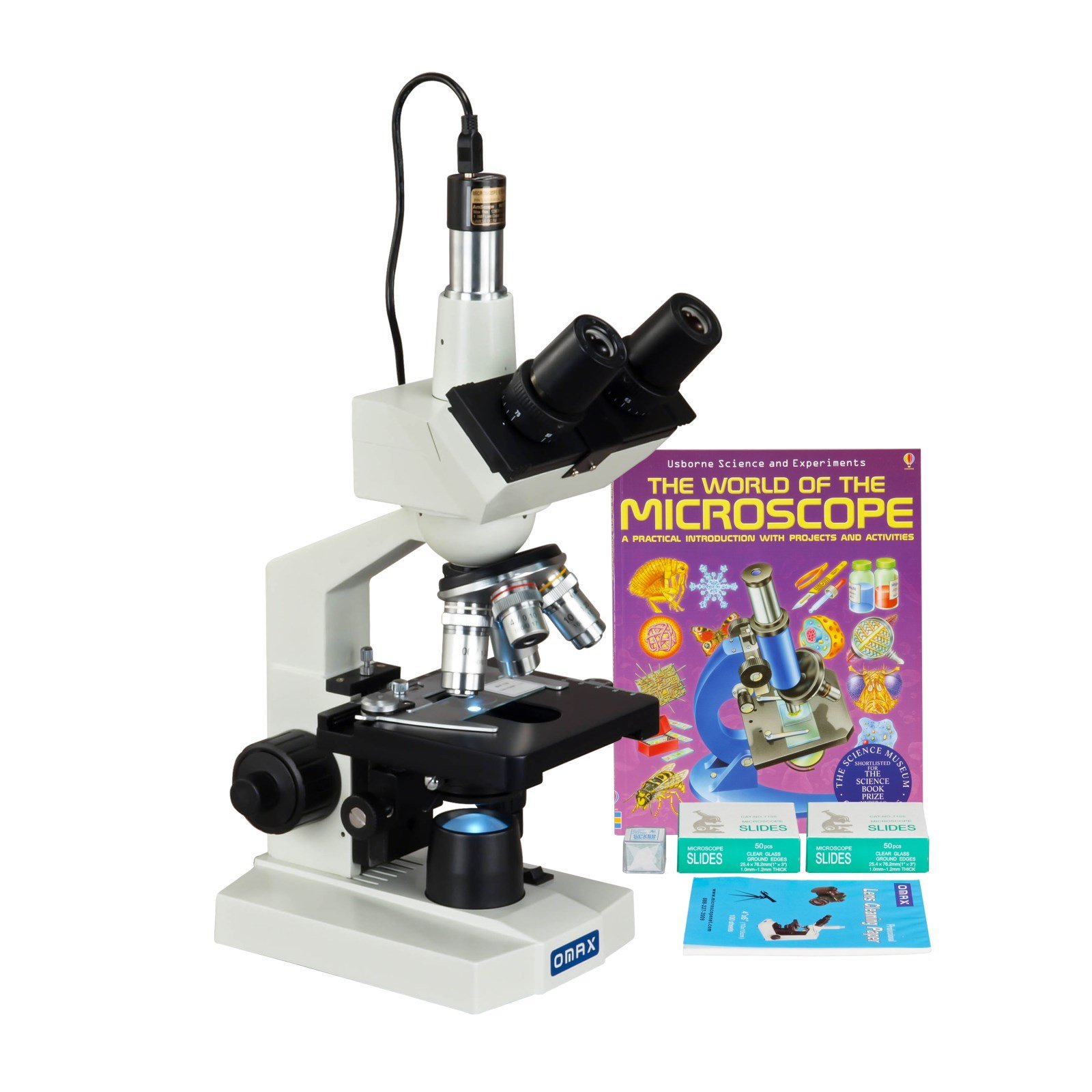 OMAX 40-2500X LED Digital Trinocular Lab Microscope with 5MP Camera - Includes Blank Slides, Covers & Lens Paper - Ideal for Biology, Research & Education