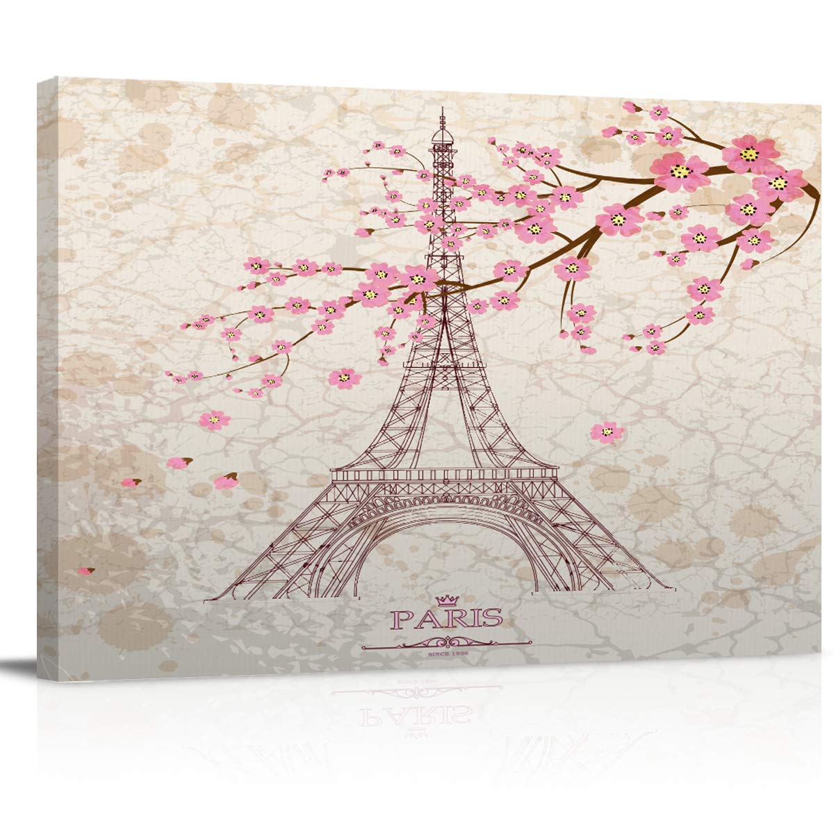 COLORSUM Romantic Sakura Paris Tower Canvas Wall Art - Stretched & Framed Abstract Cityscape Painting (28''x20'') - Ready to Hang for Bedroom, Living Room, Office Decor | Perfect Gift for Housewarming & Wedding