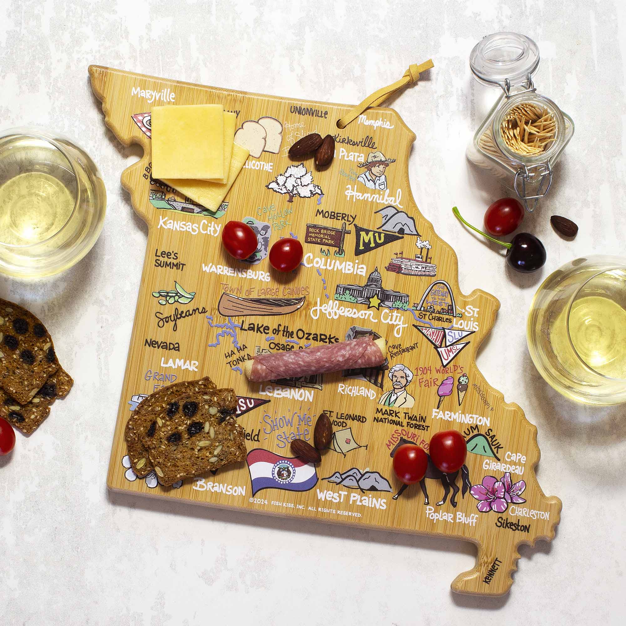 Premium Missouri Wood Cutting Board with Fish Kiss™ Artwork - Durable Kitchen Essential for Chopping, Serving & Decor