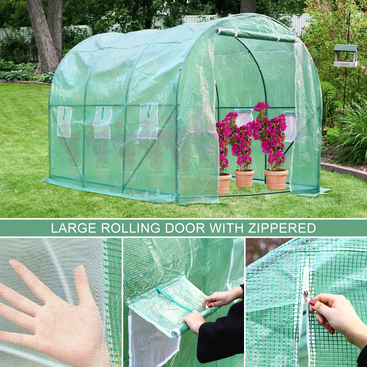 15'x7'x7' Walk-in Greenhouse Kit - Heavy Duty Steel Frame Portable Greenhouse with PE Cover for Gardening, Plants & Vegetables | Outdoor Winter Protection for Patio, Garden & Farm Use