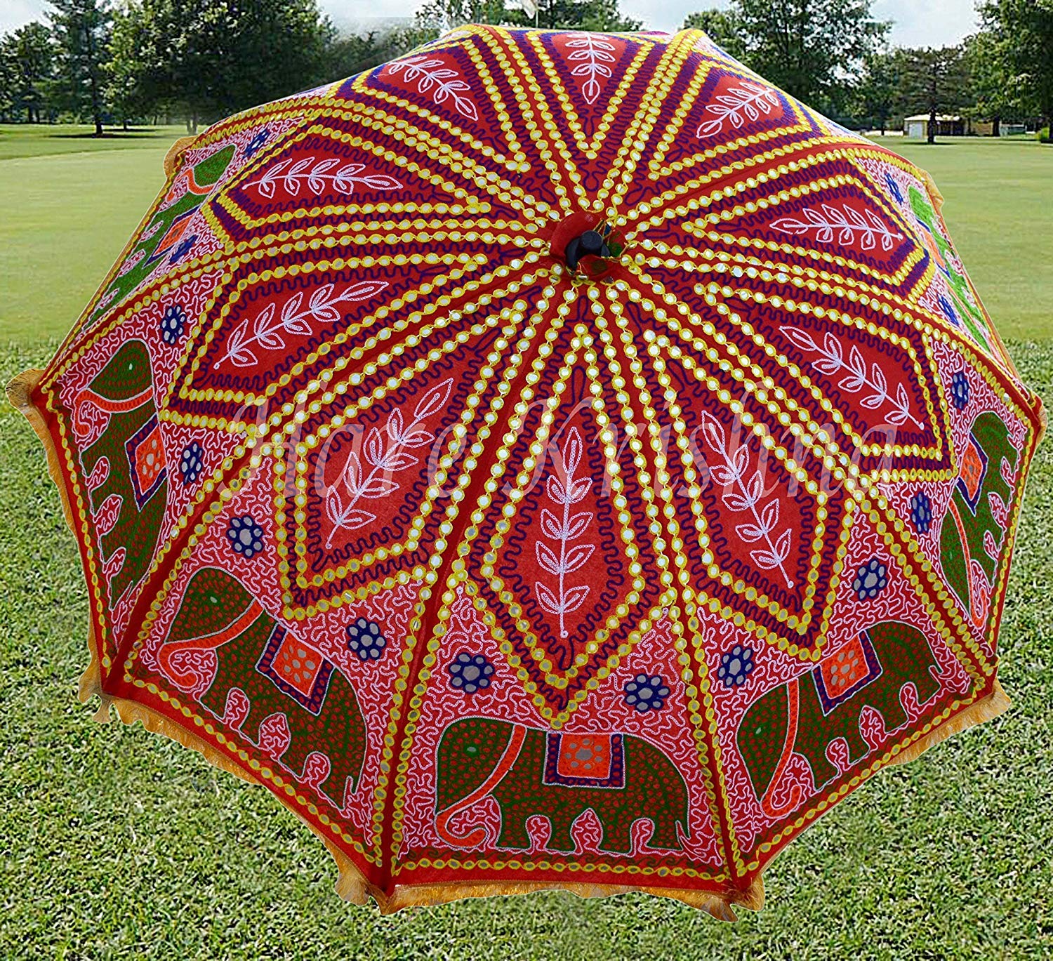 Handmade Mirror Work Large Garden Sun Umbrella - Indian Peacock Design Patio Umbrella for Beach, Cafe & Outdoor Shade - Cotton Canopy Parasol (Red Elephant) - Perfect for Backyard, Poolside & Restaurant Outdoor Seating