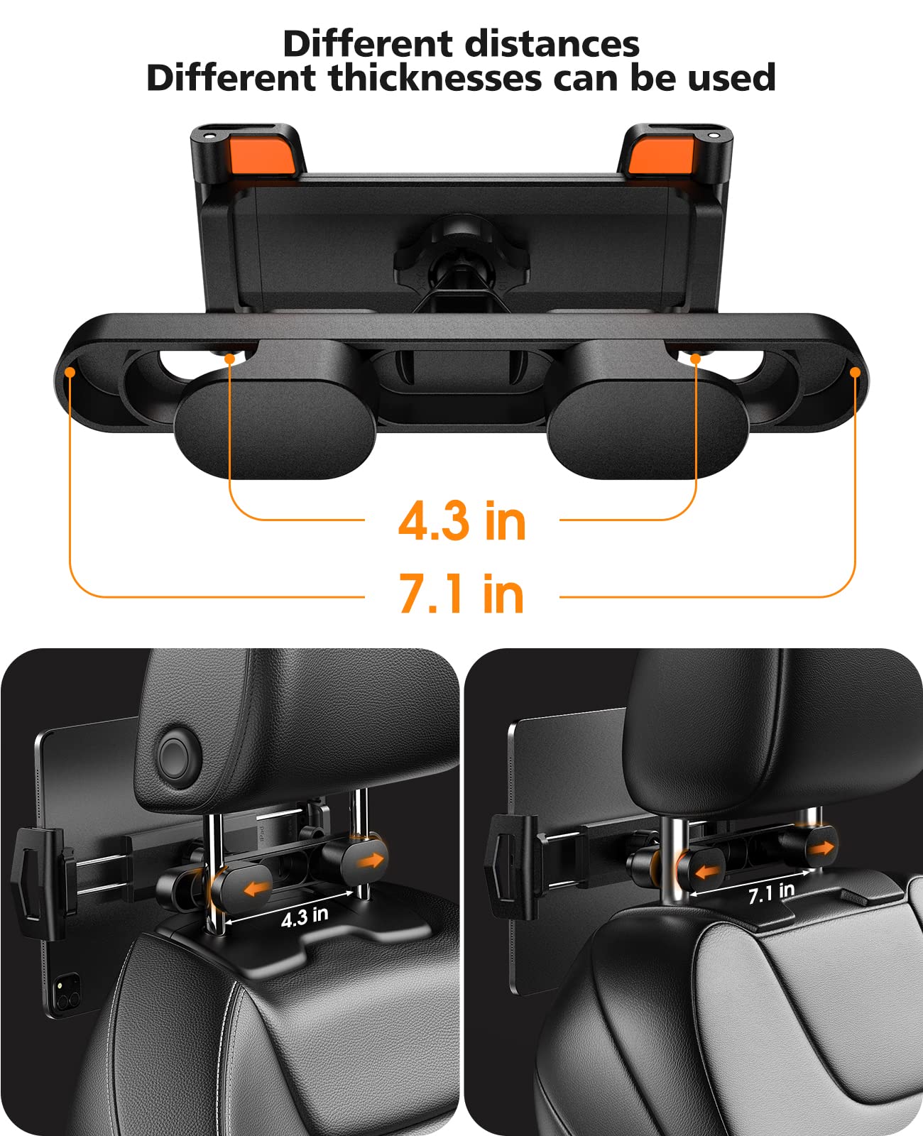 KEUASX Car Tablet Holder - Adjustable 360° Rotating Headrest Mount for iPad Pro/Air/Mini (4.7-12.9 Inch) - Portable Travel Stand for Kids & Adults - Perfect for Road Trips, Backseat Entertainment & Long Flights - Black