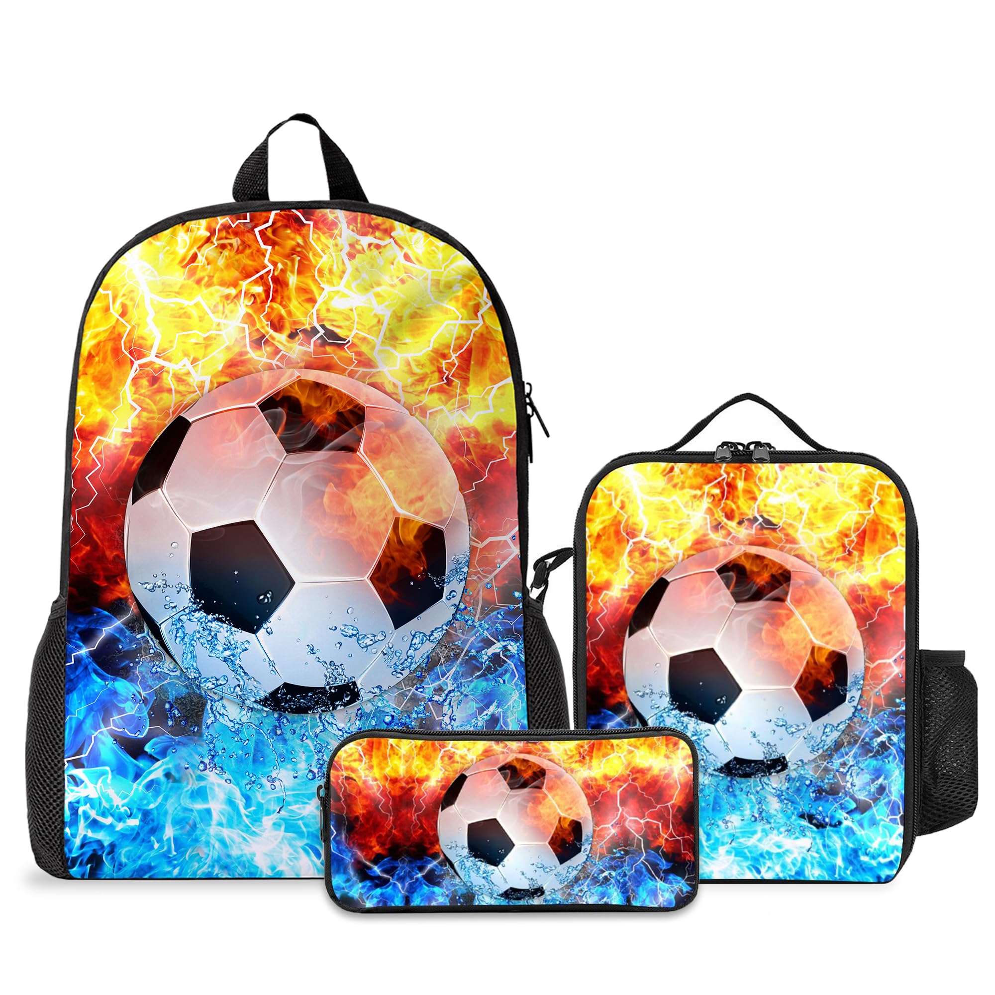 Kids Backpack Set with Lunch Box & Pencil Case - 3PCS School Backpack for Boys & Girls, Teen Bookbag for Middle & High School Students | Perfect for School, Travel & Sports (Soccer Fire Design)