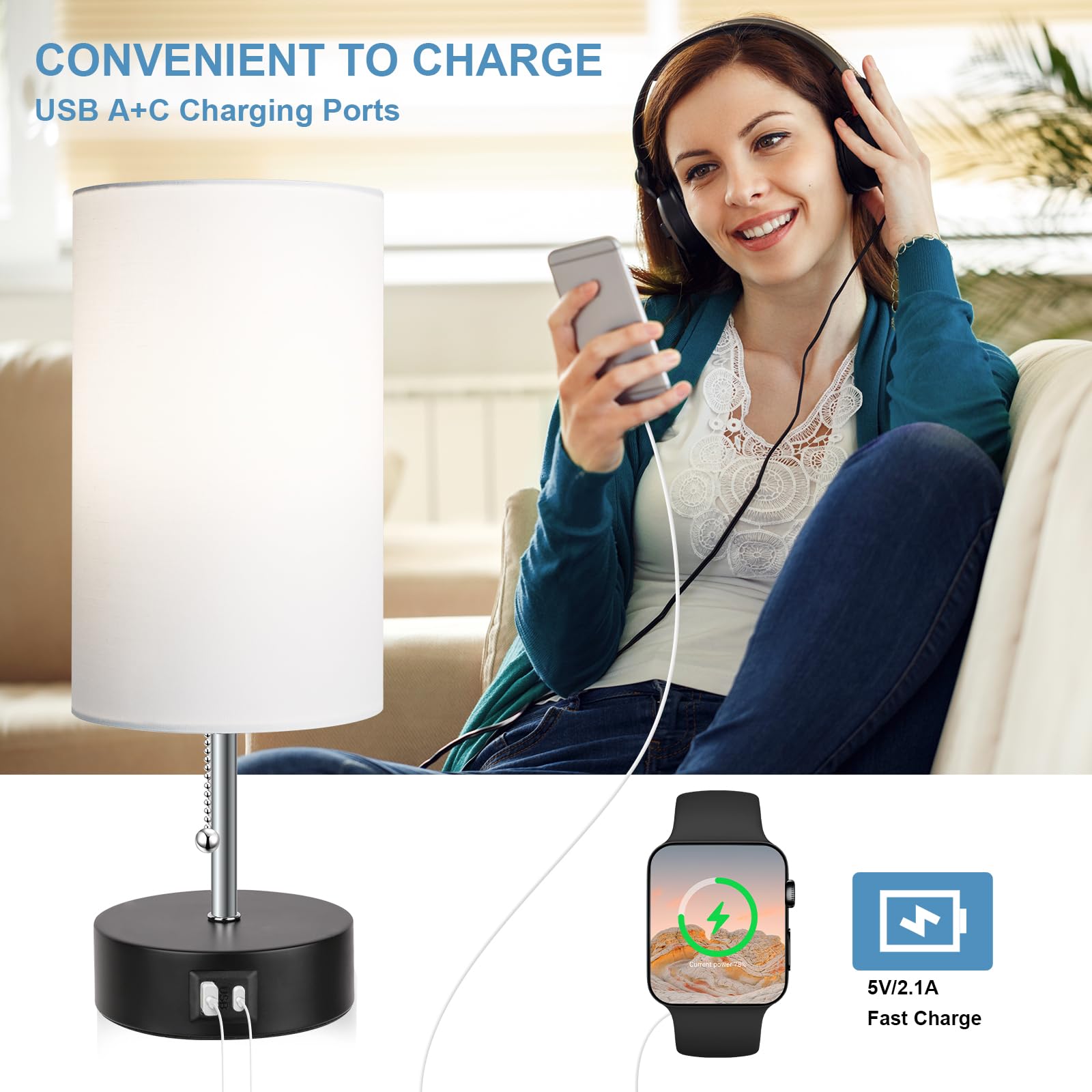 ROTTOGOON 3-Color Adjustable Table Lamp with USB A & C Ports, LED Bedside Nightstand Lamp for Bedroom, Living Room, Office, and Study Desk (White)