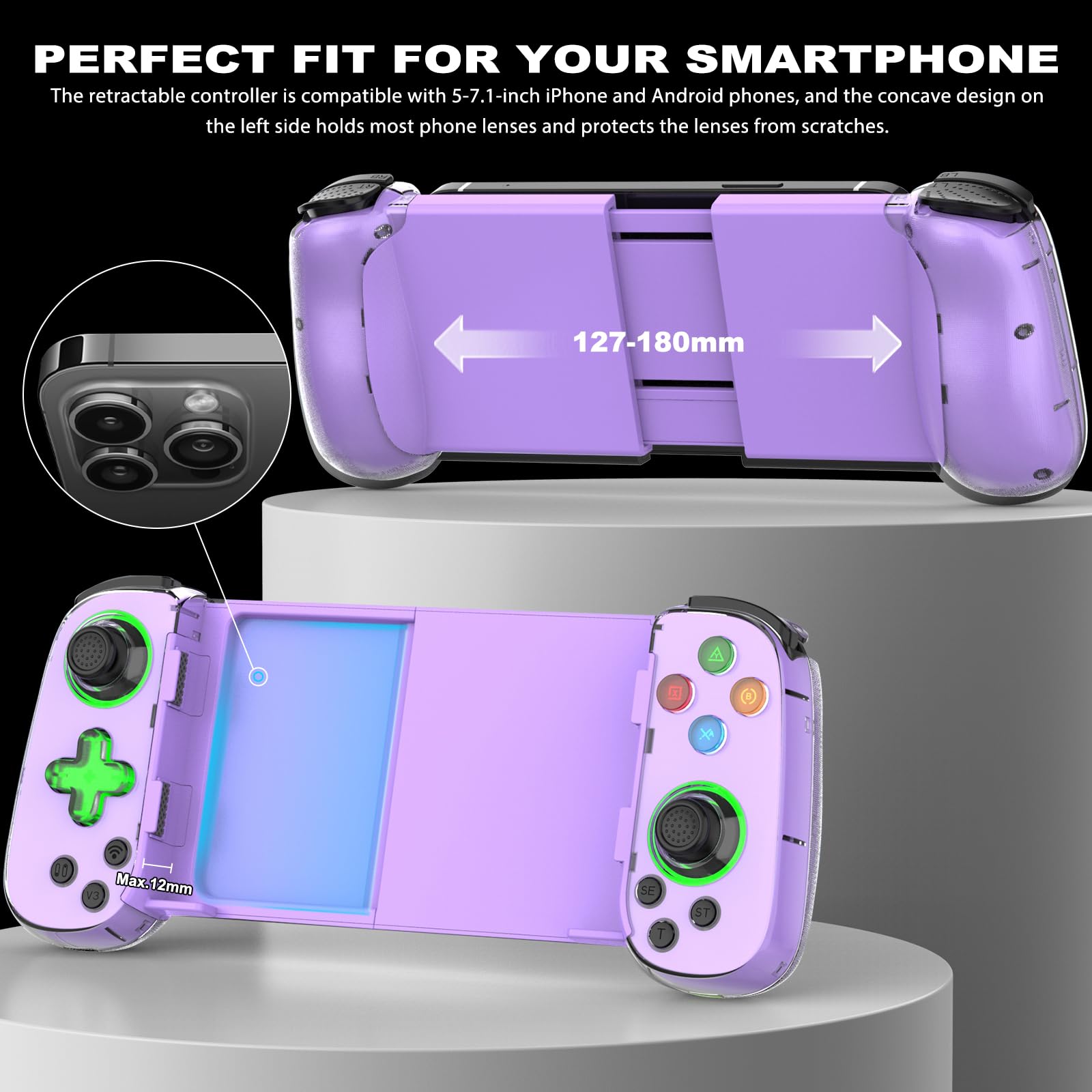 Wireless Game Controller for iPhone & Android - Hall Effect Joystick, Turbo Button, Green LED, Phone Case Compatible - Works with iPhone 15/14/13 & Samsung Galaxy S23/S22/S21 - Perfect for Call of Duty Mobile, Genshin Impact, Diablo Immortal Gaming