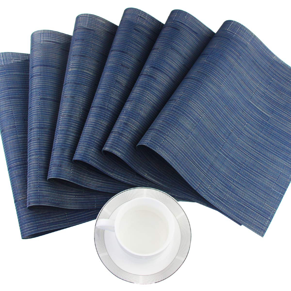 PIGCHCY Washable Durable Woven Vinyl Placemats Set of 6 - Heat Resistant Plastic Table Mats 18x12 Inches for Dining Table, Kitchen & Outdoor Use (Midnight Blue)